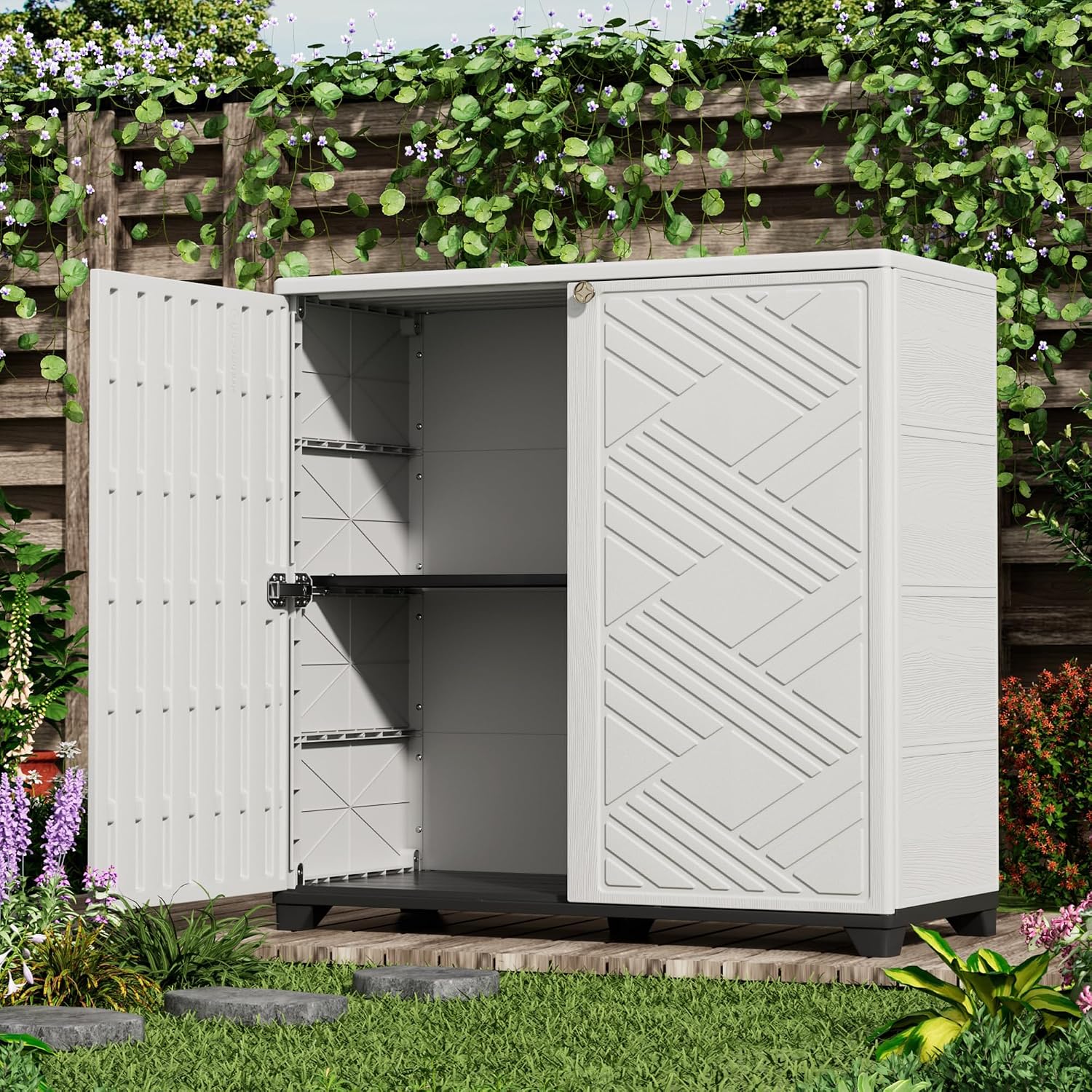 ADDOK Indoor Outdoor Plastic Storage Cabinet 34'x15'x34' with 1 Shelf, Outdoor Storage Shed for Living Room, Hallway, Balcony, Garage, Garden, Backyard-White