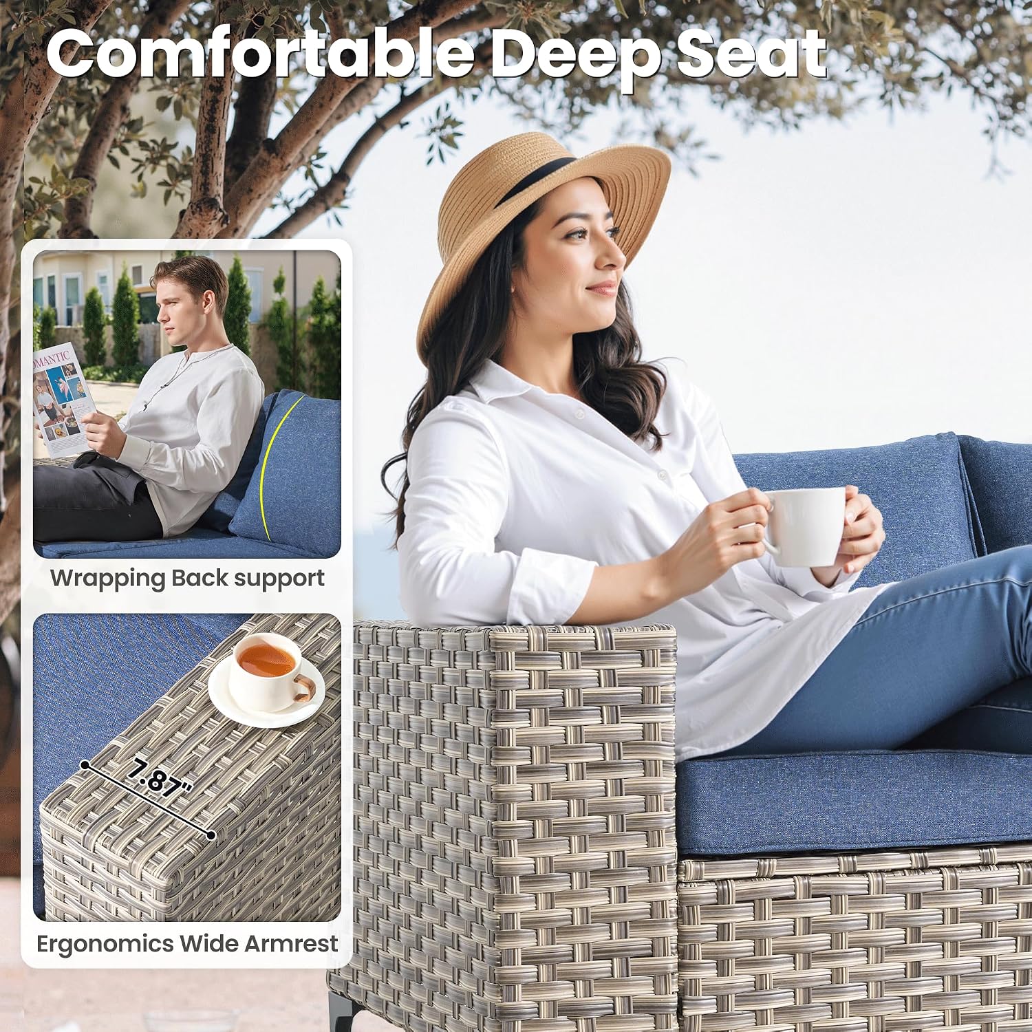 ovios 8-Piece Patio Furniture Set with L-Shape Sofa Chaise, Outdoor Sectional Couch Swivel Gliders Solar Table, Modern Modular Wicker Rattan Conversation Set, Denim Blue