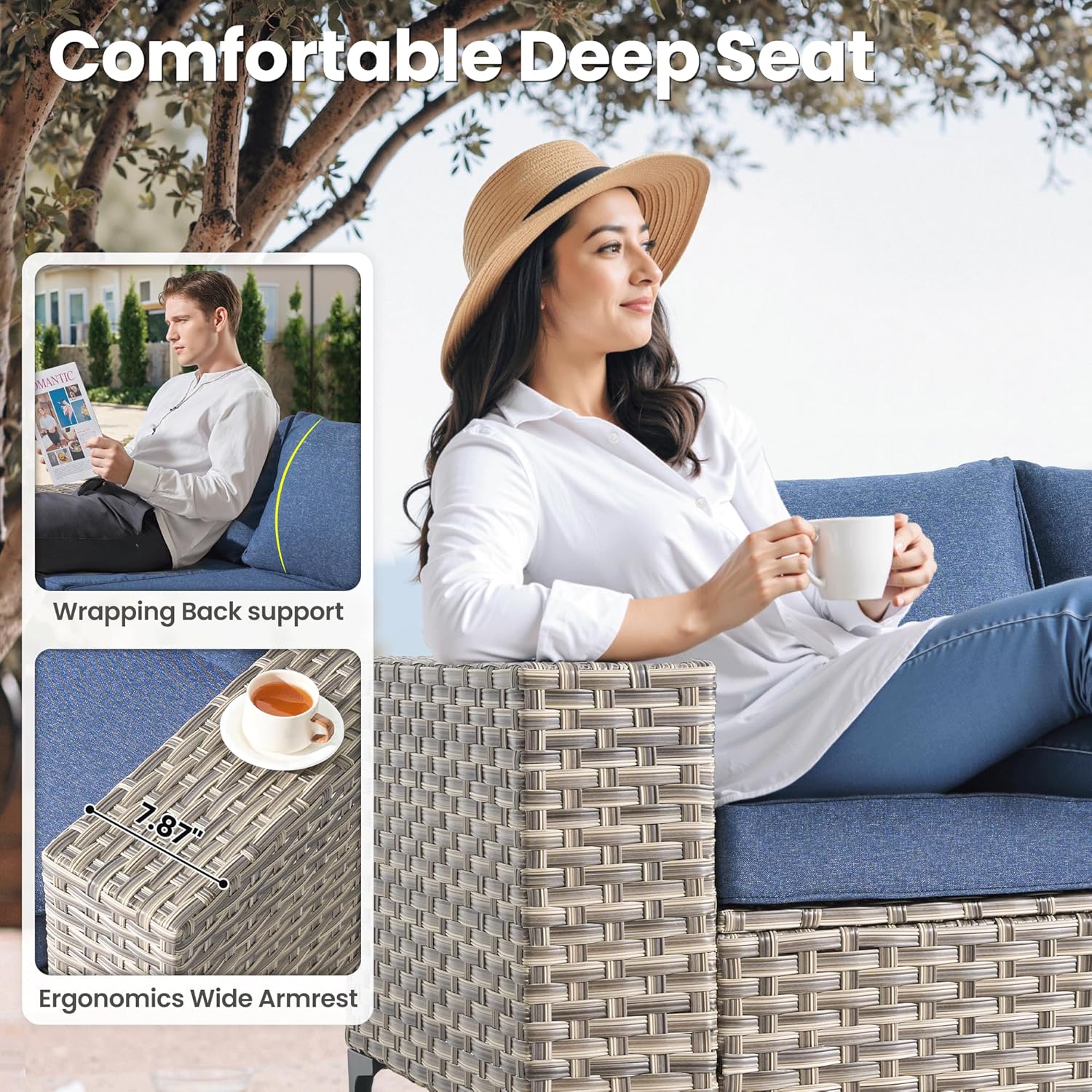ovios 8-Piece Patio Furniture Set with L-Shape Sofa Chaise, Outdoor Sectional Couch Swivel Gliders Fire Pit Table, Modern Modular Wicker Rattan Conversation Set, Denim Blue
