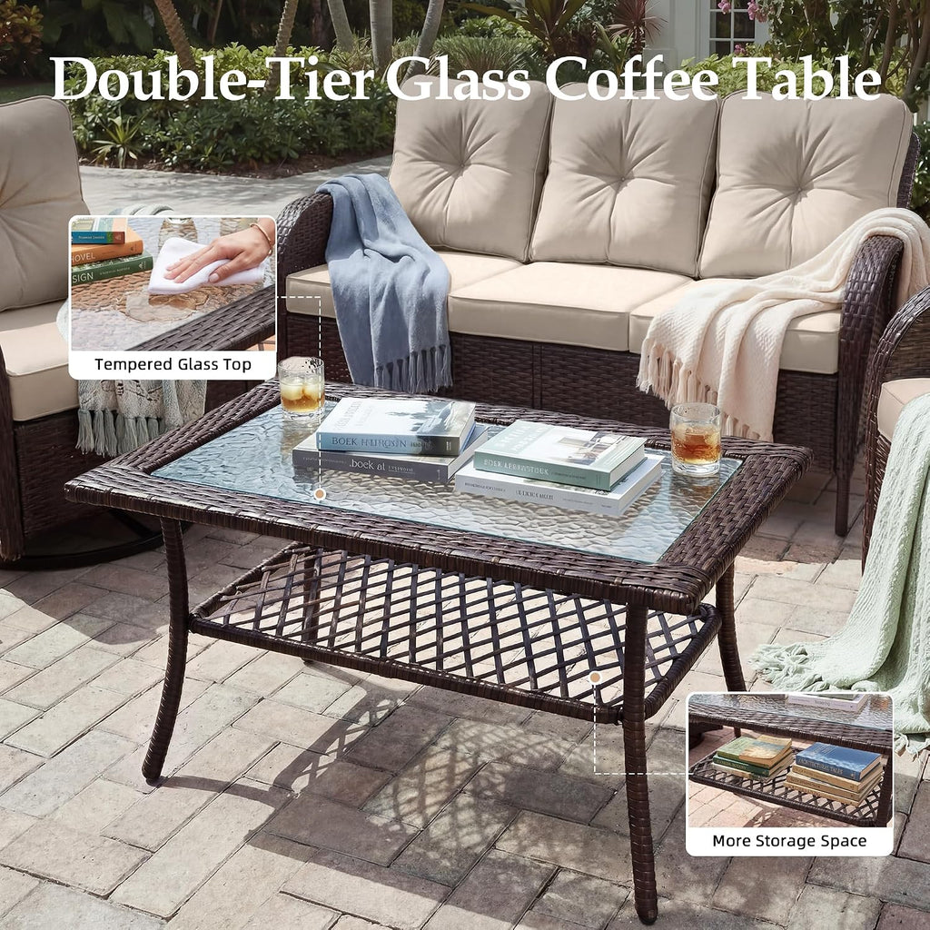 UPHA 6 Pieces Patio Furniture Sets, Wicker Outdoor Sofa Set with Loveseat & 3-Seat Couch, Swivel Chairs, Patio Conversation Set for Deck Backyard Garden, Brown Rattan, Beige Cushion