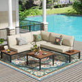NATURAL EXPRESSIONS Outdoor Furniture Set, L Shape Patio Sectional, Metal Corner Couch Sofa Set with Side Tables, Detachable Backrest, Fauxwood Coffee Table, Beige Olefin Cushions for Garden Deck