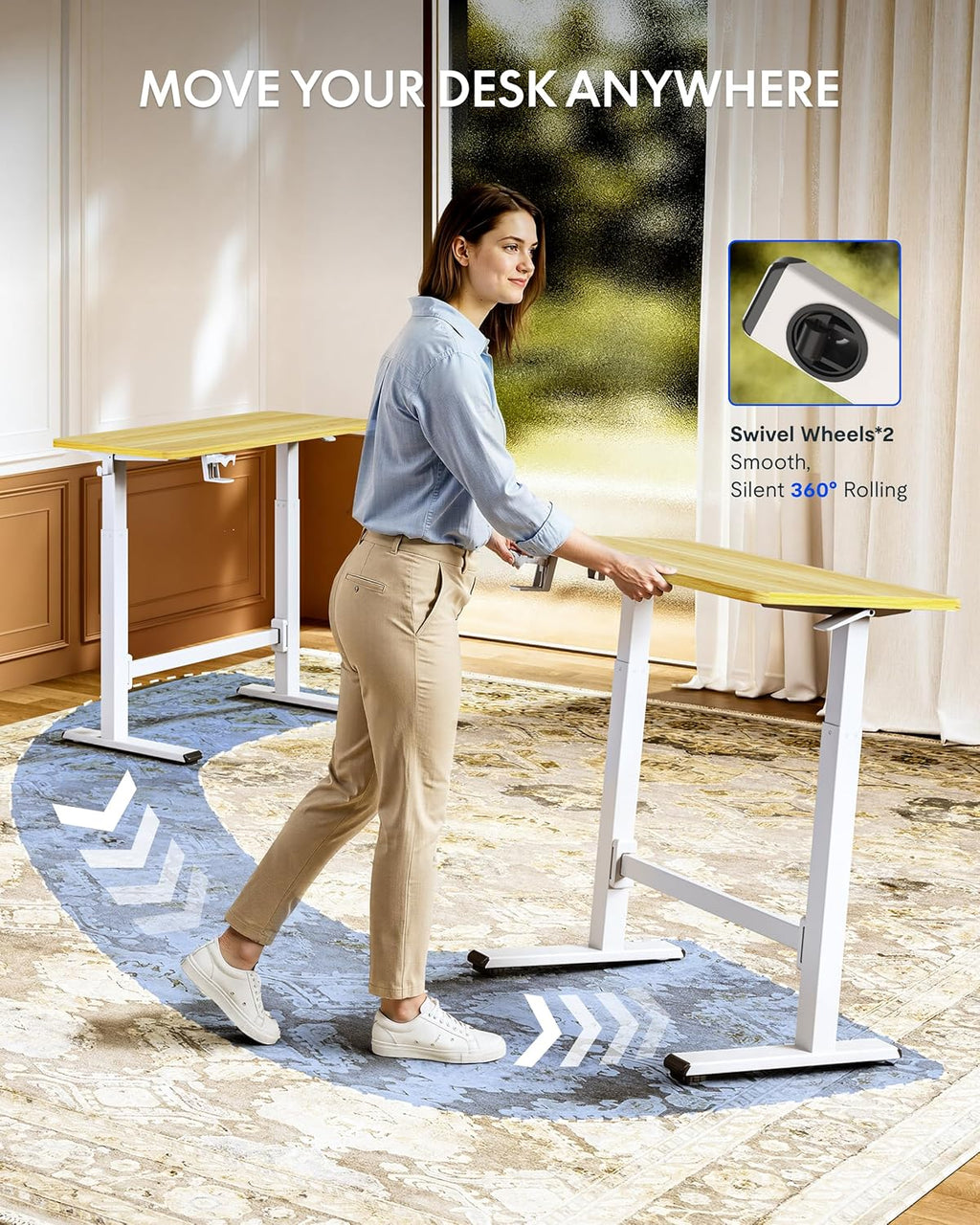 FLEXISPOT H7 Plus Gas Spring Adjustable Standing Desk, Mobile Rolling Sit-Stand Workstation with Wheel, Cordless Stand Up Desk for Small Room & Home Office 40' One-Piece Desktop Maple,height 27.6'–45'