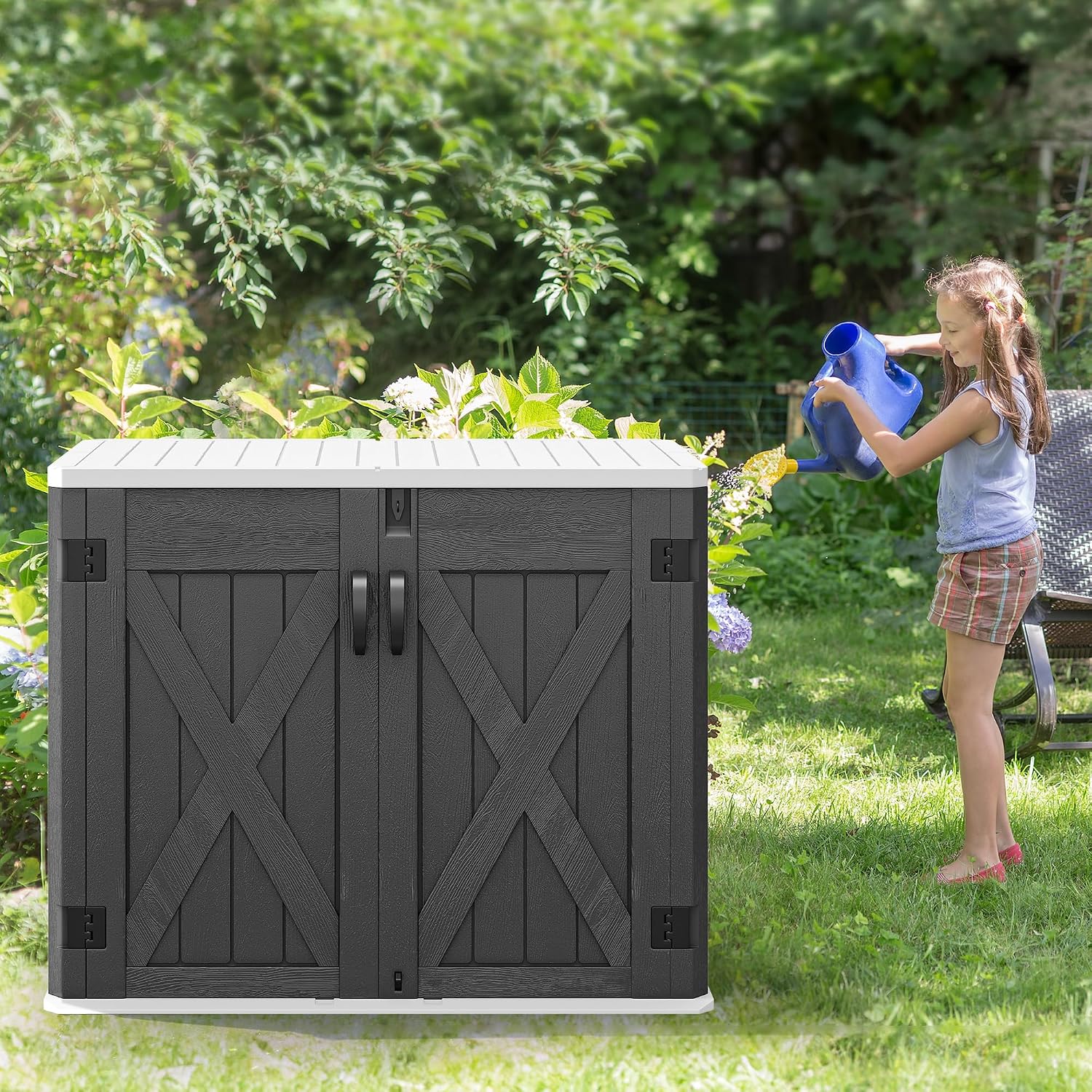 YITAHOME Outdoor Resin Storage Sheds with X-Shaped Lockable Door, 39 in Height Lockable Waterproof Horizontal Shed w/o Shelf, Easy to Assemble Shed Storage for Garden Tools, Dark Gray