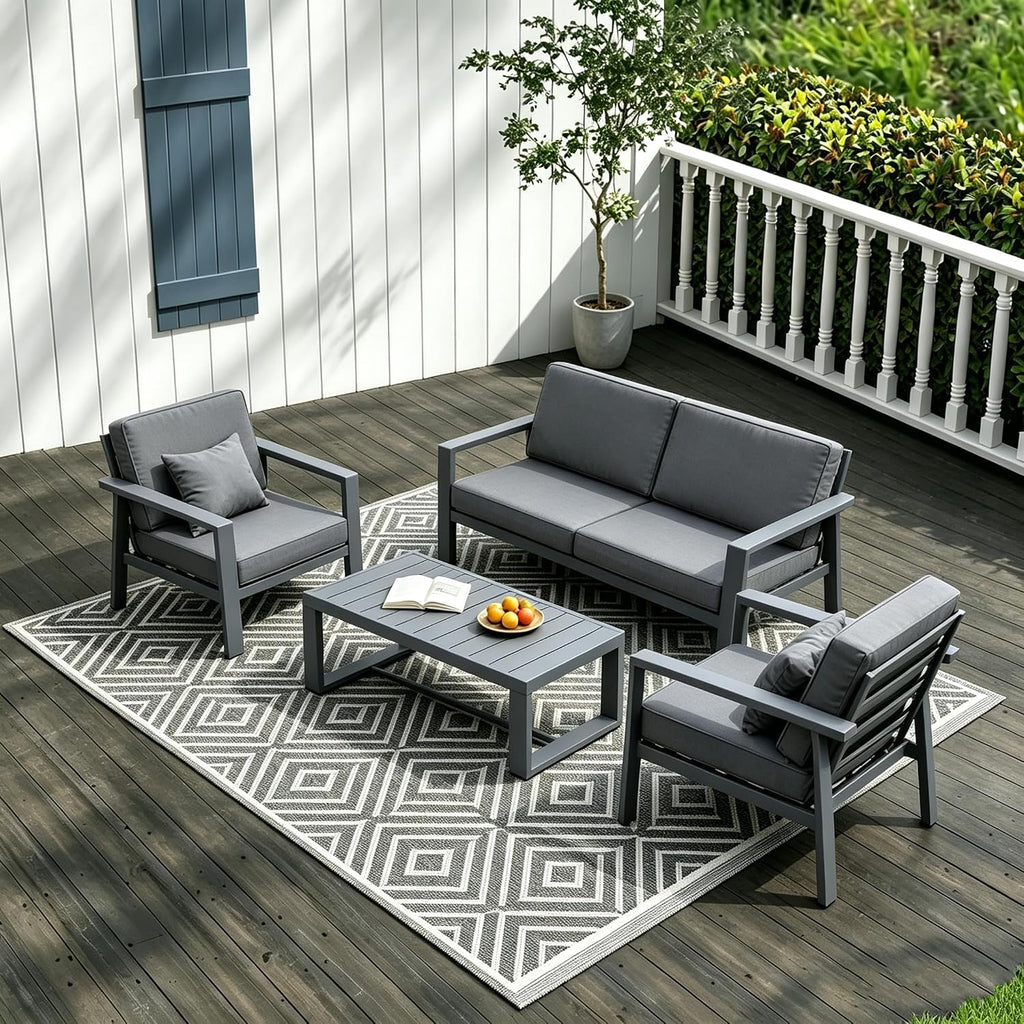 Aluminum Patio Furniture Set, Modern Metal Outdoor Conversation Sectional Sofa with Washable Thick Cushions, Coffee Table and Waterproof Cover (Grey, 1088-4seat)
