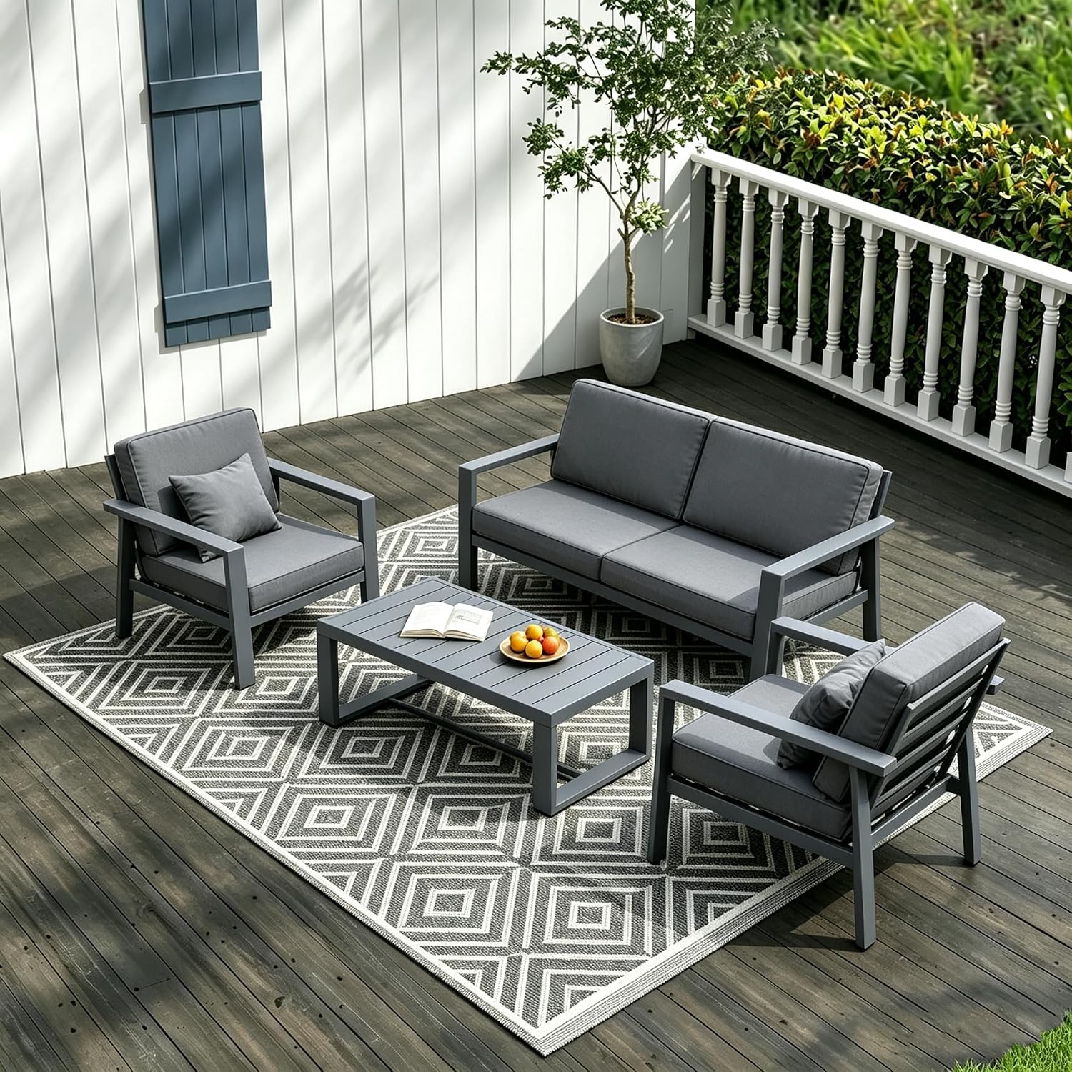 Aluminum Patio Furniture Set, Modern Metal Outdoor Conversation Sectional Sofa with Washable Thick Cushions, Coffee Table and Waterproof Cover (Grey, 1088-4seat)