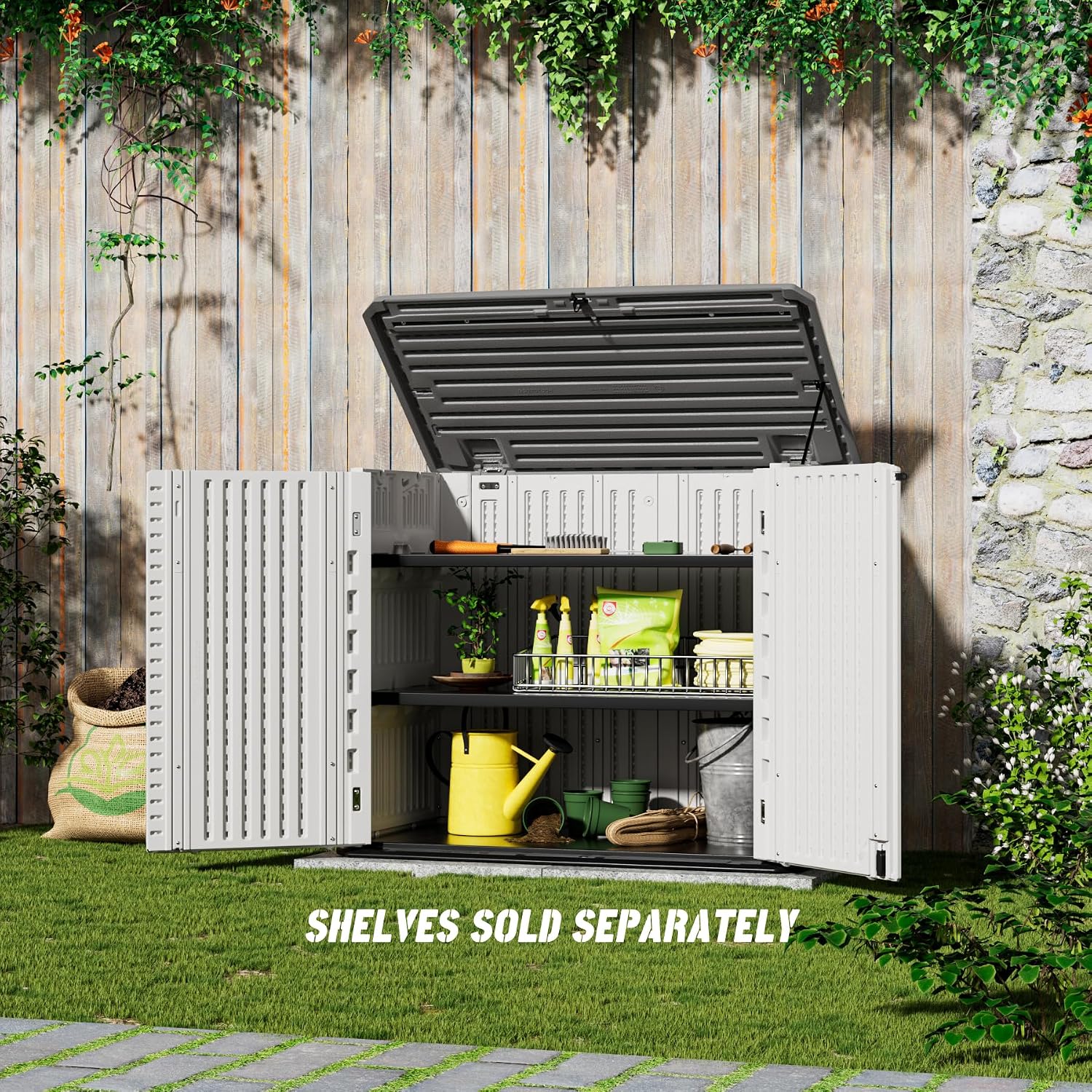 Mrosaa Outdoor Patio Storage Shed,Waterproof Horizontal Outdoor Storage Cabinet for Garbage Cans,Tools and Lawnmower Lockable(34 Cu.ft-Warm-White)
