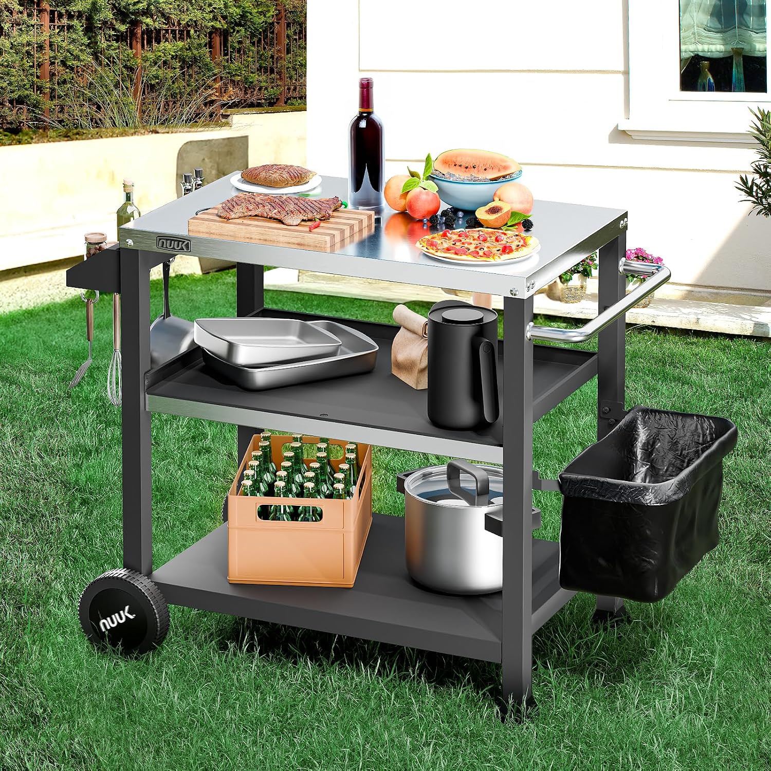 NUUK 3-Shelf Grill Cart for Outdoor with Stainless Steel Top – 20' x 32' Movable Pizza Oven Stand with Wheels Kitchen Prep Table BBQ Cart Worktable