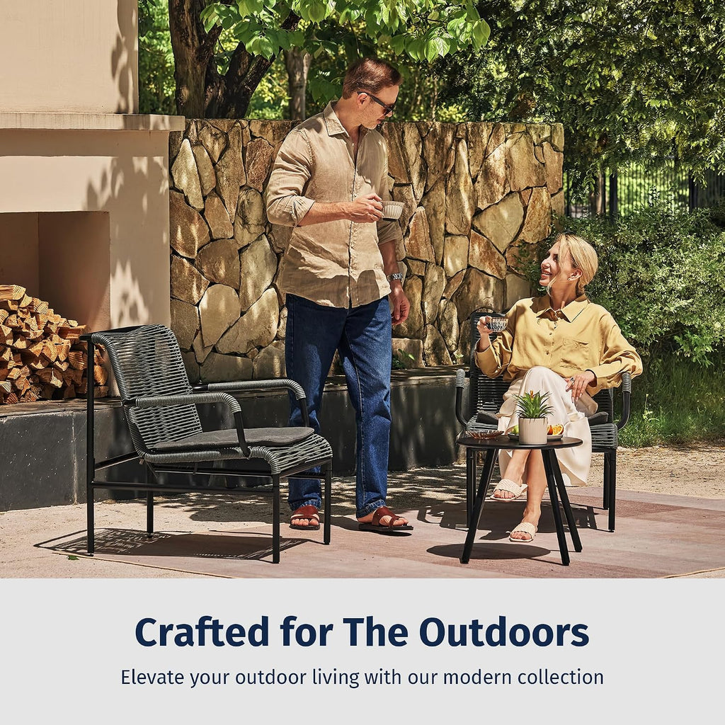 East Oak 3-Piece Patio Furniture Set, Outdoor Bistro Set with PE Rattan Wicker Wide Chairs, Soft Pads & Coffee Table, Modern All-Weather Wicker Patio Set for Garden and Porch, Misty Grey