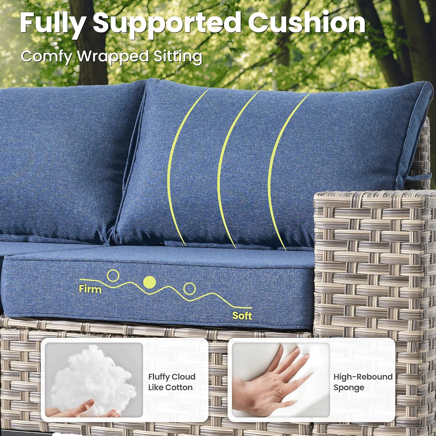 ovios 5-Piece Patio Furniture Set with L-Shape Sofa Chaise, Outdoor Sectional Couch Solar Table, Modern Modular Wicker Rattan Conversation Set, Denim Blue
