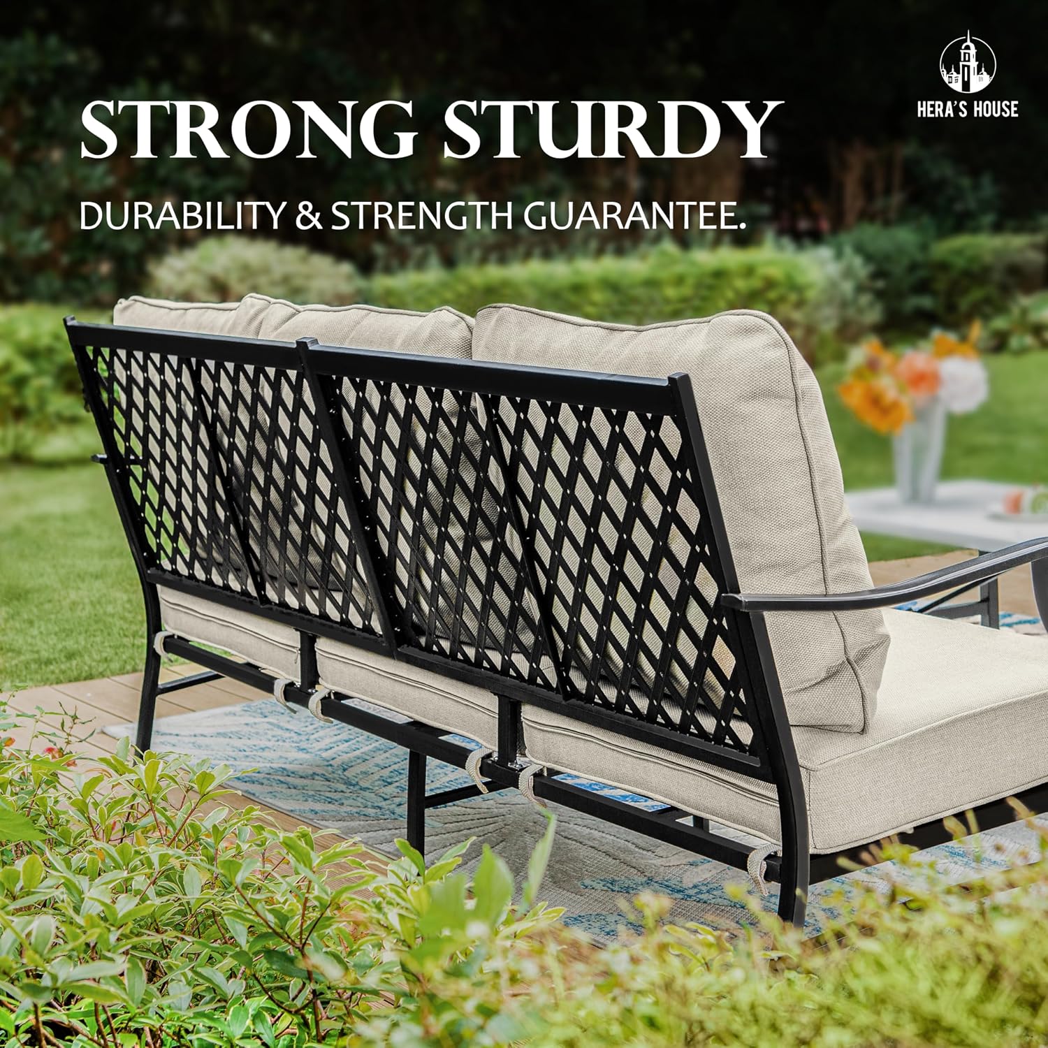 HERA'S HOUSE 5 Piece Patio Furniture Set, 2 x Cushioned Metal Chair, 2 x Ottoman, 1 x 3-Seat Sofa, All Cushioned 7 Seats Outdoor Conversation Set for Lawn Garden Backyard