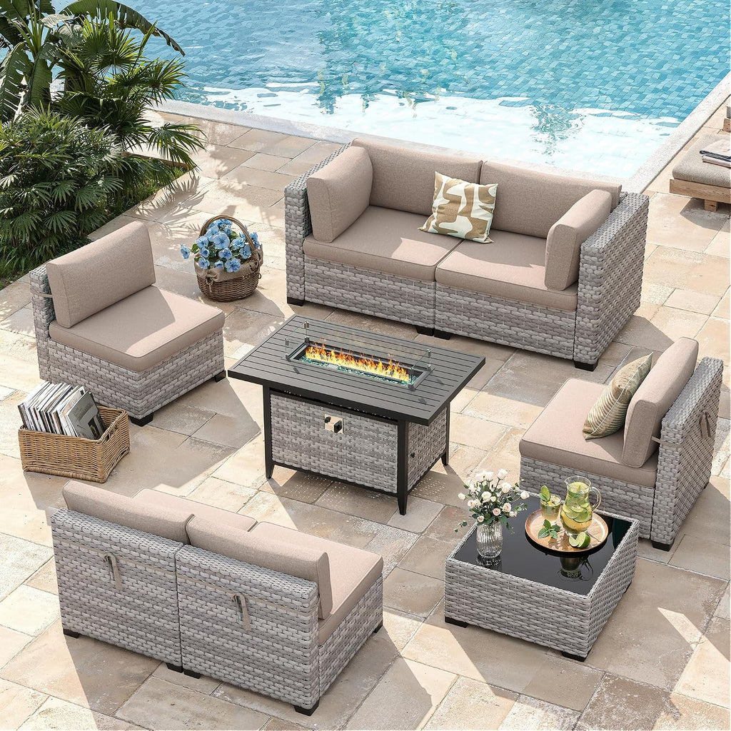 6-Seat Modern Outdoor Wicker Rattan Patio Furniture Set with 55,000 BTU Fire Pit Table, Thick 4″ Cushions, All-Weather Dual-Strand Rattan, Rust-Resistant Steel Frame,Beige