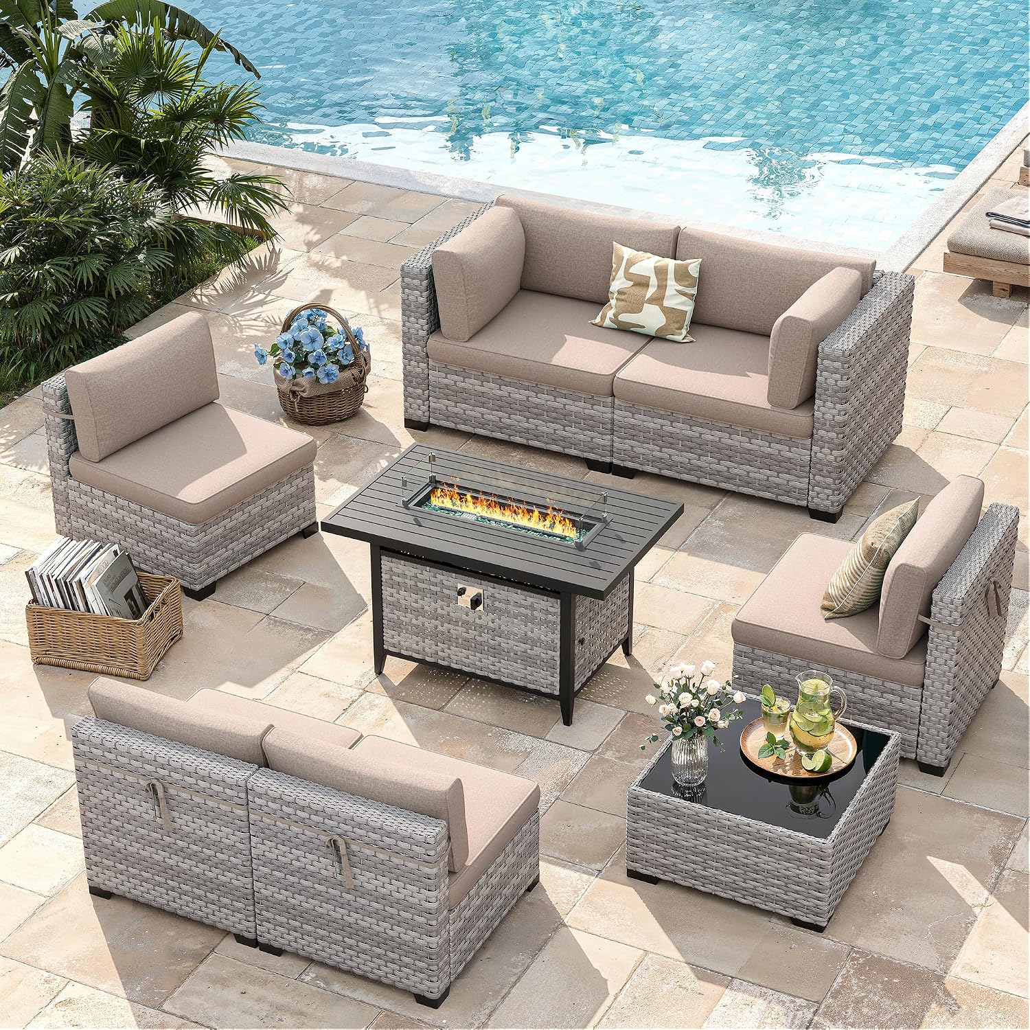 6-Seat Modern Outdoor Wicker Rattan Patio Furniture Set with 55,000 BTU Fire Pit Table, Thick 4″ Cushions, All-Weather Dual-Strand Rattan, Rust-Resistant Steel Frame,Beige