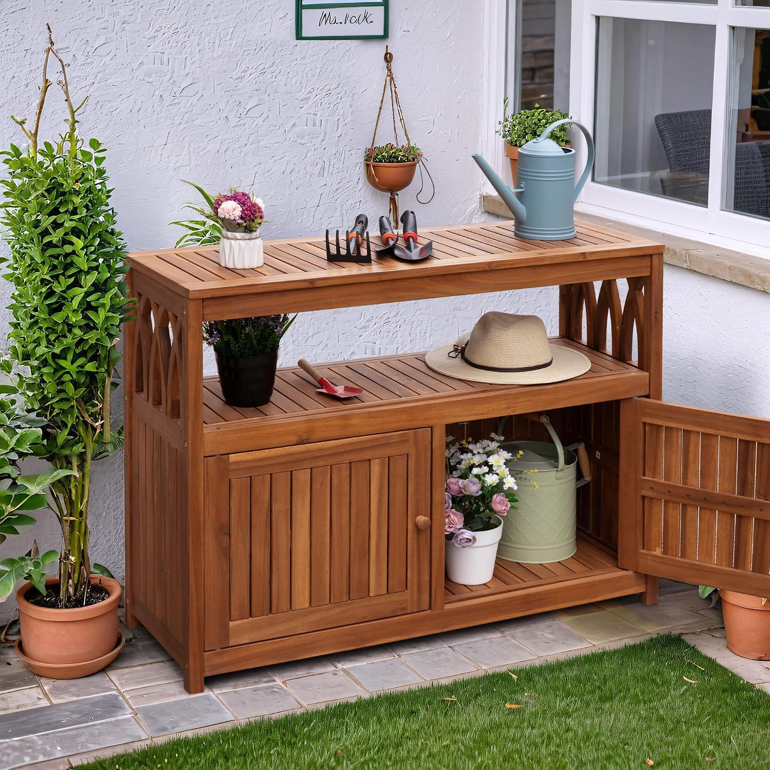 Flamaker Outdoor Storage Cabinet Weatherproof Acacia Wood Outdoor Cabinet with 2 Magnetic Doors Used for Outdoor Storage, Buffet Cabinet, TV Stand, Bar Table, Potting Table (Brown)