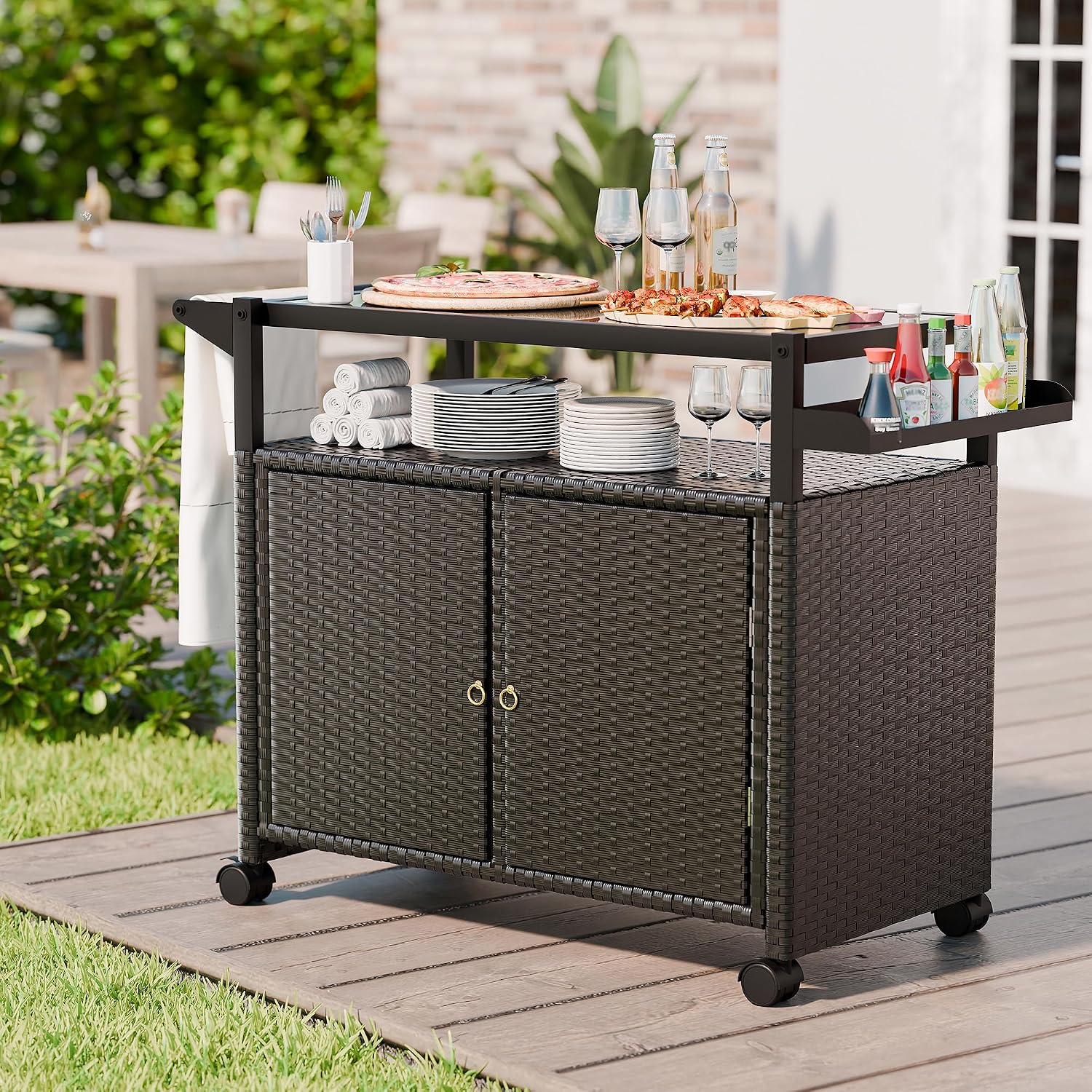 MU Outdoor Bar Cart with Storage and Wheels, Outdoor Bar Table with Tempered Glass Top & Shelf, Rolling Wicker Storage Cabinet with Rounded Handle & Side Basket for Backyard, Poolside, Garden, Black