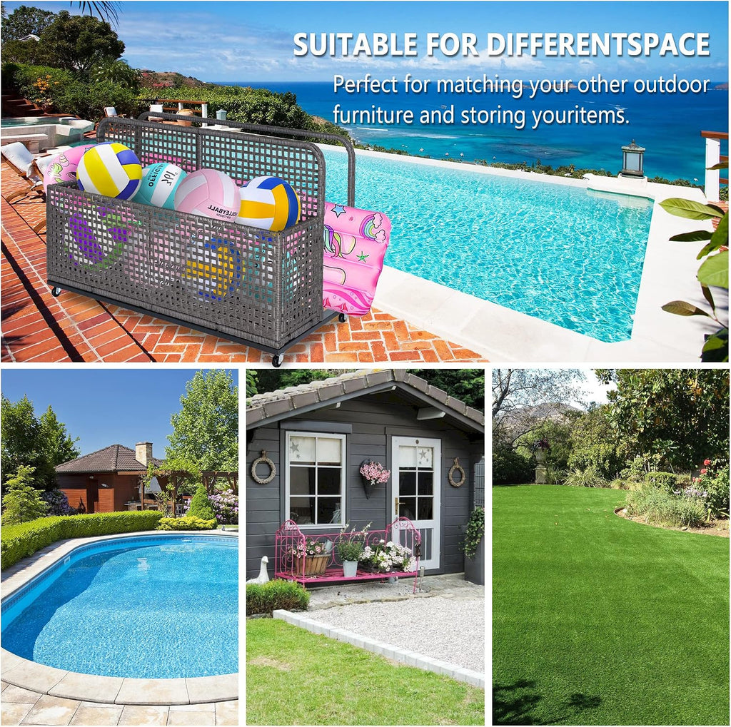 Poolside Float Storage, Outdoor Storage, Patio Poolside Float Storage Basket, Storage Box, PE Rattan Outdoor Pool Caddy with Rolling Wheels for Floaties, Patio, Pool, Beach-Sturdy & Movable,