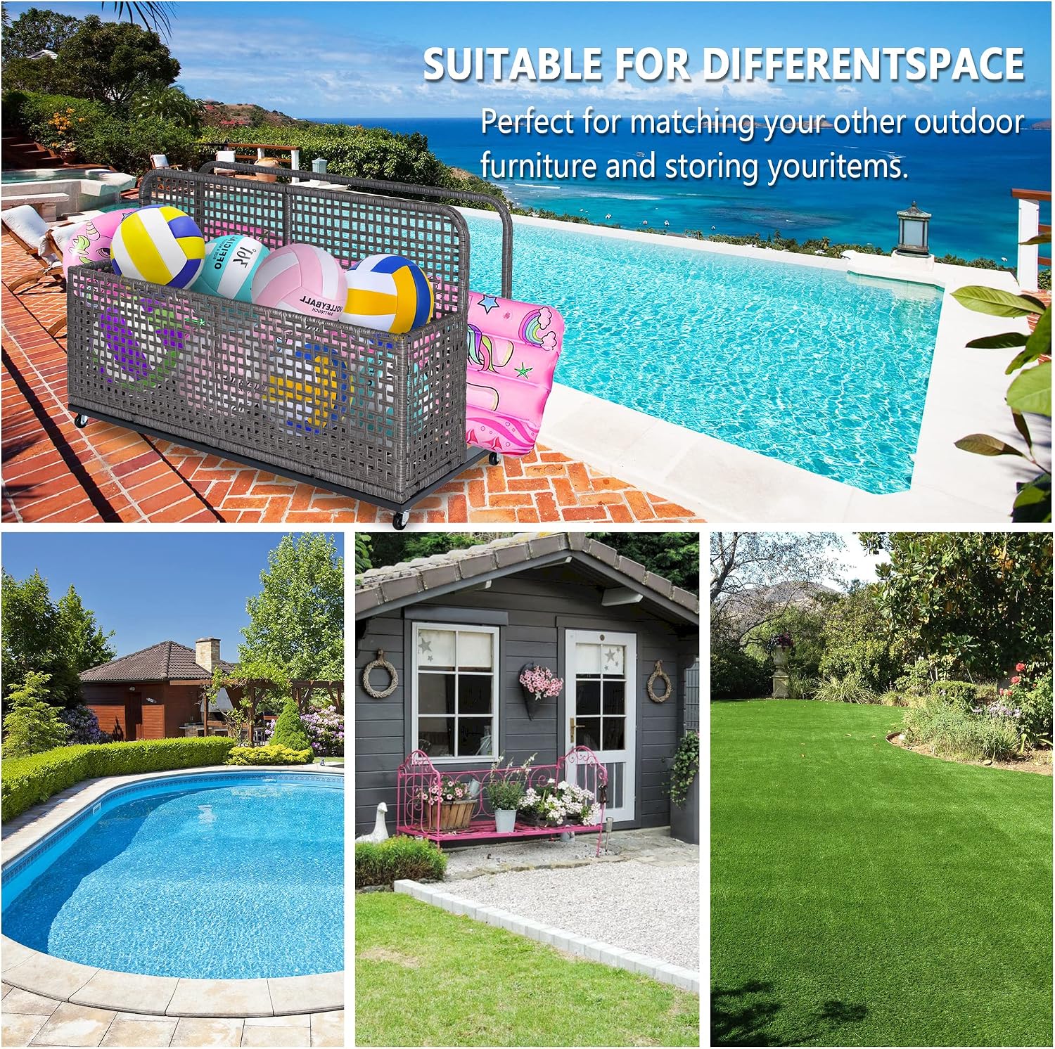 Poolside Float Storage, Outdoor Storage, Patio Poolside Float Storage Basket, Storage Box, PE Rattan Outdoor Pool Caddy with Rolling Wheels for Floaties, Patio, Pool, Beach-Sturdy & Movable,