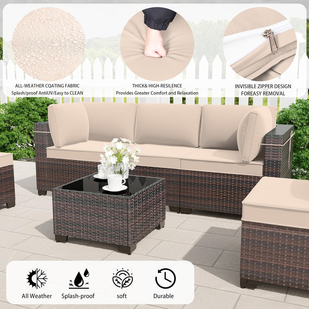 7 Pieces Outdoor Patio Furniture Set,Outdoor Sectional Furniture All Weather PE Rattan Wicker Patio Conversation Set with Coffee Table and 6 Thickened Cushions,Sand