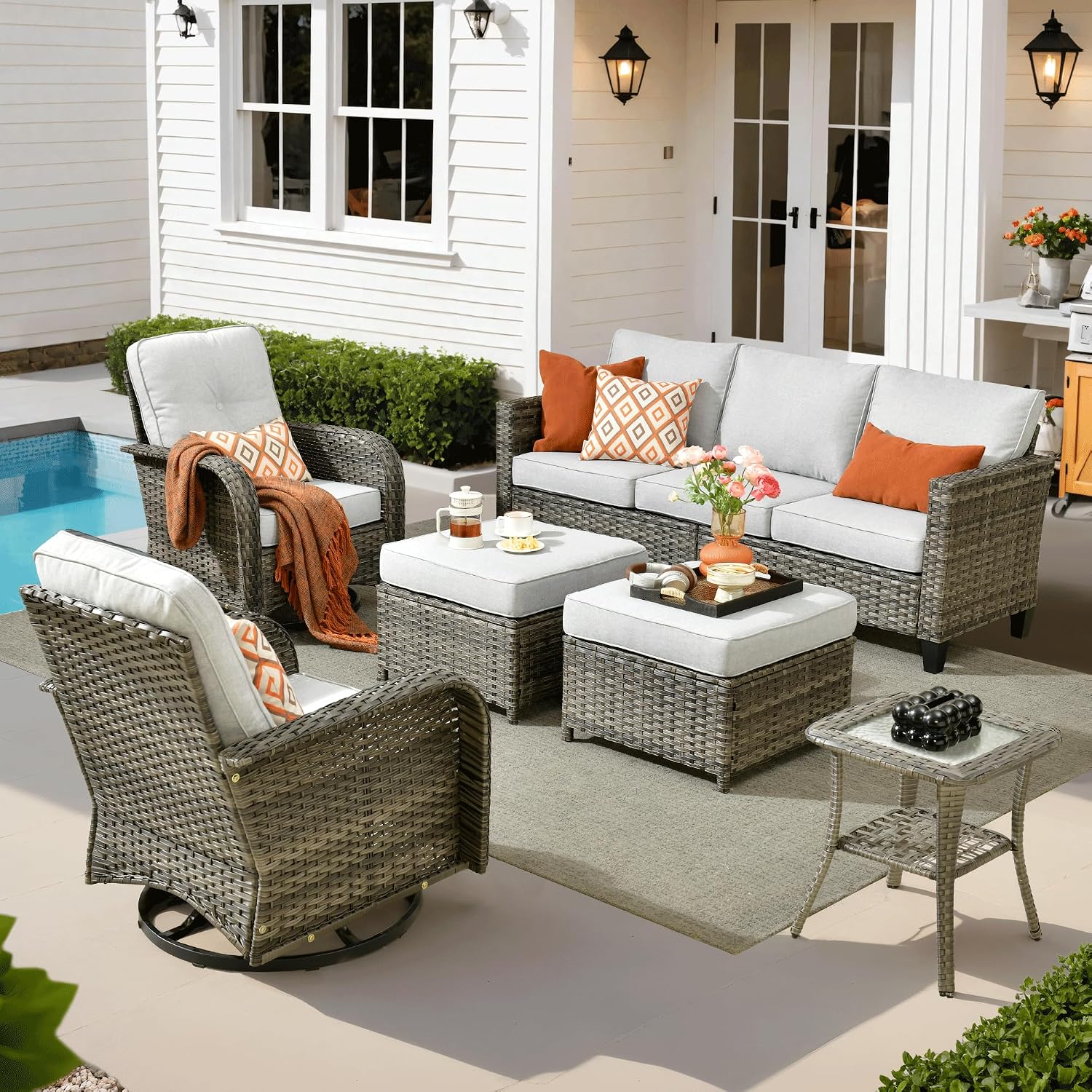 ovios 6 Pieces Patio Furniture Set, Outdoor Wicker Sofa Couch with Rocking Swivel Chairs Comfy Cushions, Modern Deep Seat Rattan Conversation Sets for Deck Porch, Grey