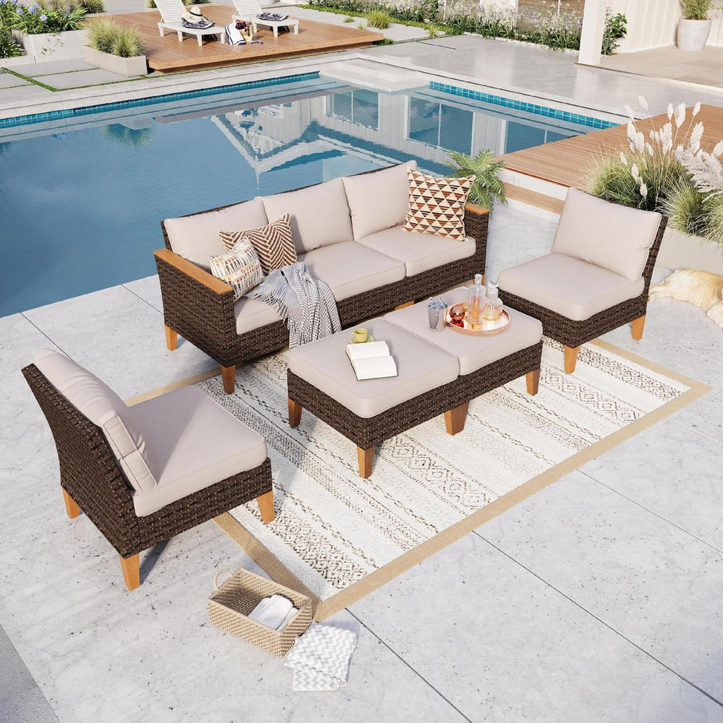GREEN PARTY 7 Pieces Wicker Patio Furniture Set, All-Weather Outdoor Rattan Patio Sectional Sofa Conversation Set with 4' Thick Cushions for Garden, Backyard, 2 x Ottomans