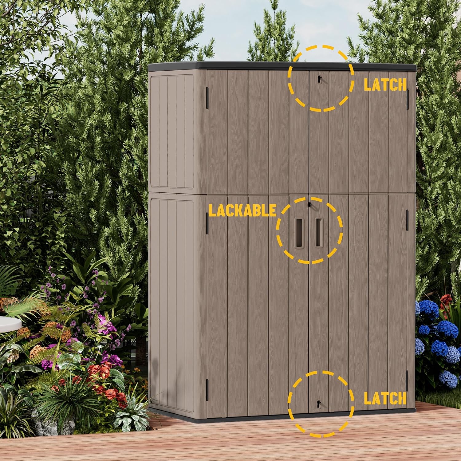 Mrosaa Outdoor Storage Shed Waterproof,Resin Storage Cabinet Outdoor with Floor,Tall Outdoor Storage Box for Garage Storage, Pool Storage, Bike, Garden (57Cu.ft)-Brown