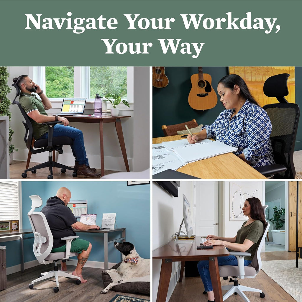 HON Altern Ergonomic Office Chair with Headrest, Mid‑Back Mesh Desk Chair, Adjustable Arms, Seat Slide, Synchro‑Tilt, Rolling Computer Seat for Home Office, White Frame, Black