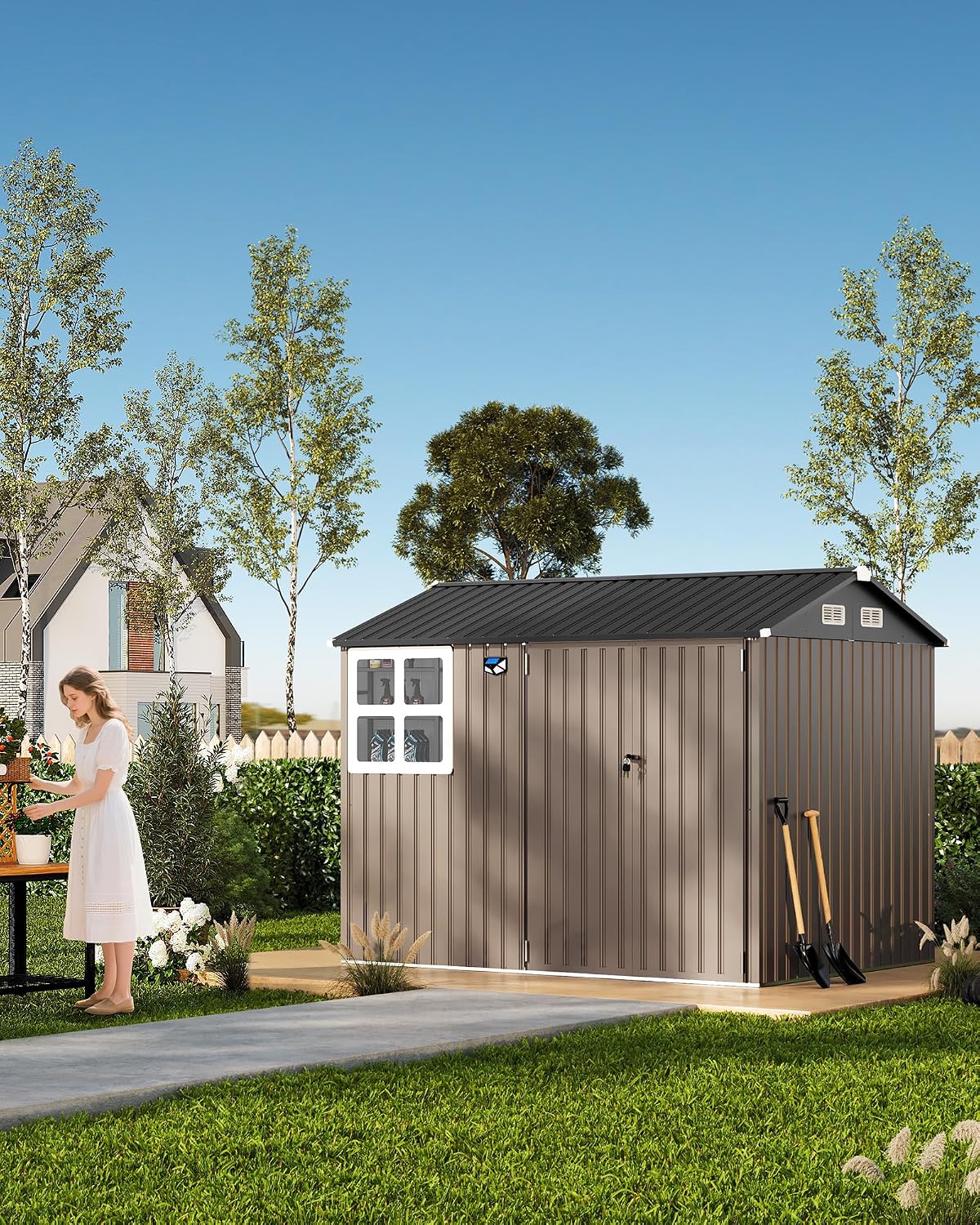 GarveeLife 6x8 ft Outdoor Storage Shed, Metal Garden Tool Shed with Updated Frame Structure, Lockable Doors and Windows, Ideal for Backyard Garden Patio Lawn, Brown