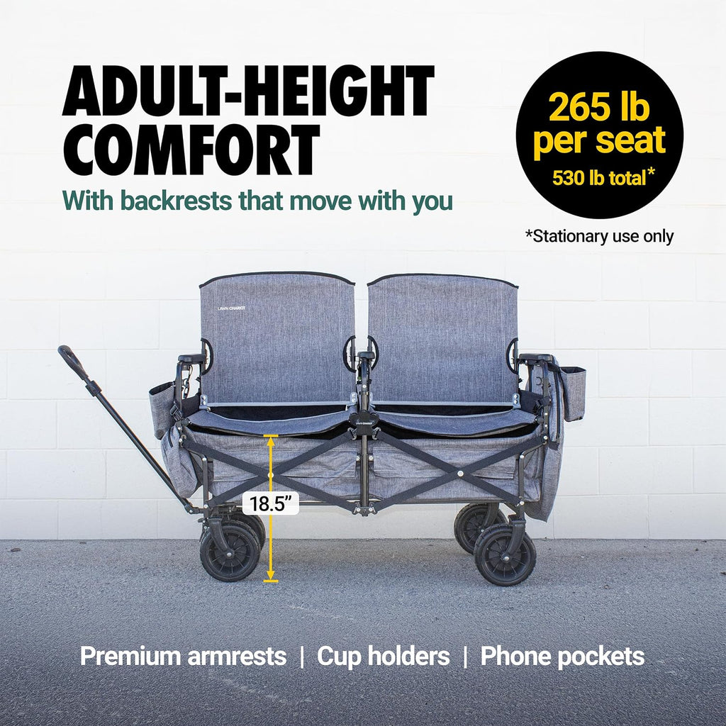 Lawn Chariot, Folding Wagon with 2 Adult Seats & UPF 50+ Canopy, Under-Seat Storage, All-Terrain Wheels, Black Canopy