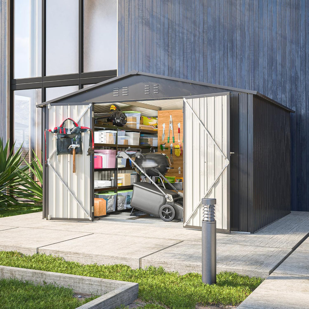 10x8 FT Outdoor Storage Shed with Lockable Double Doors, Aluminum Frame, Weatherproof with Frame Floor, Metal Tool Shed for Garden, Backyard, Patio, and Equipment Storage