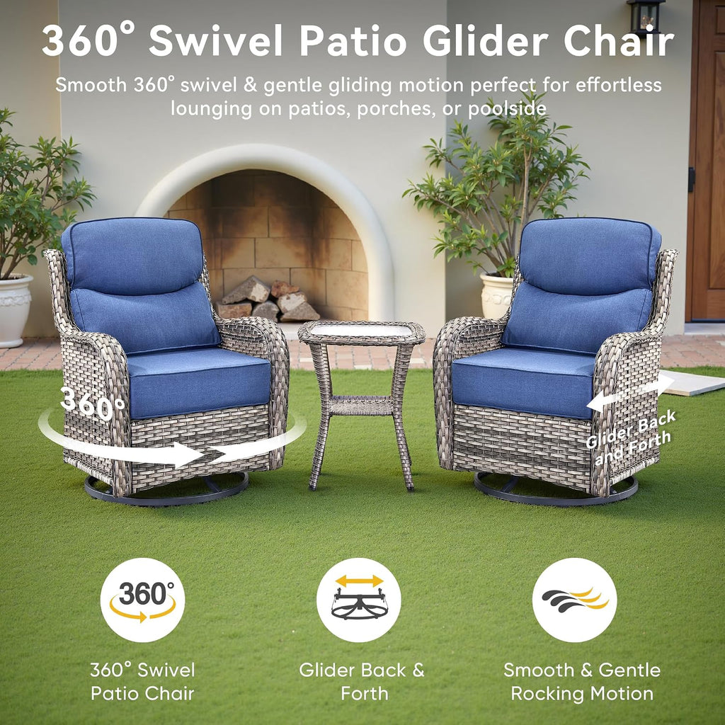 Luxury High Back Outdoor Swivel Rocker Patio Chairs with Side Table & 6-Inch Thick Cushions, 3 Pieces Patio Furniture Set for Porch, Balcony, Deck and Yard