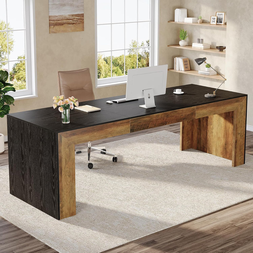 Tribesigns 78.7-Inch Long Computer Desk for 2 People, Farmhouse Executive Desk with Wooden Desktop and Legs, Large Workstations Writing Table Gaming Table for Home Office, Heavy Duty, Black + Brown