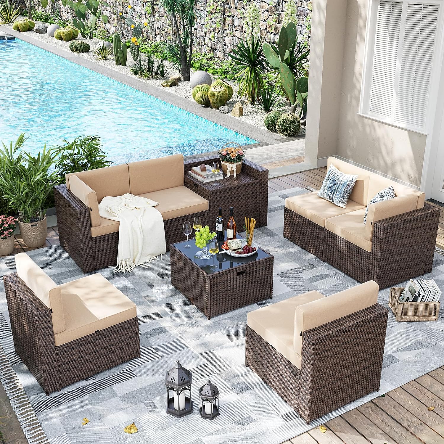 Aoxun 8 Piece Patio Furniture Set, Wicker Outdoor Furniture Set with Storage Box, Patio Sectional Set with Thickened Cushions, Waterproof Cover and 25.6' Coffee Table (Brown& Khaki)