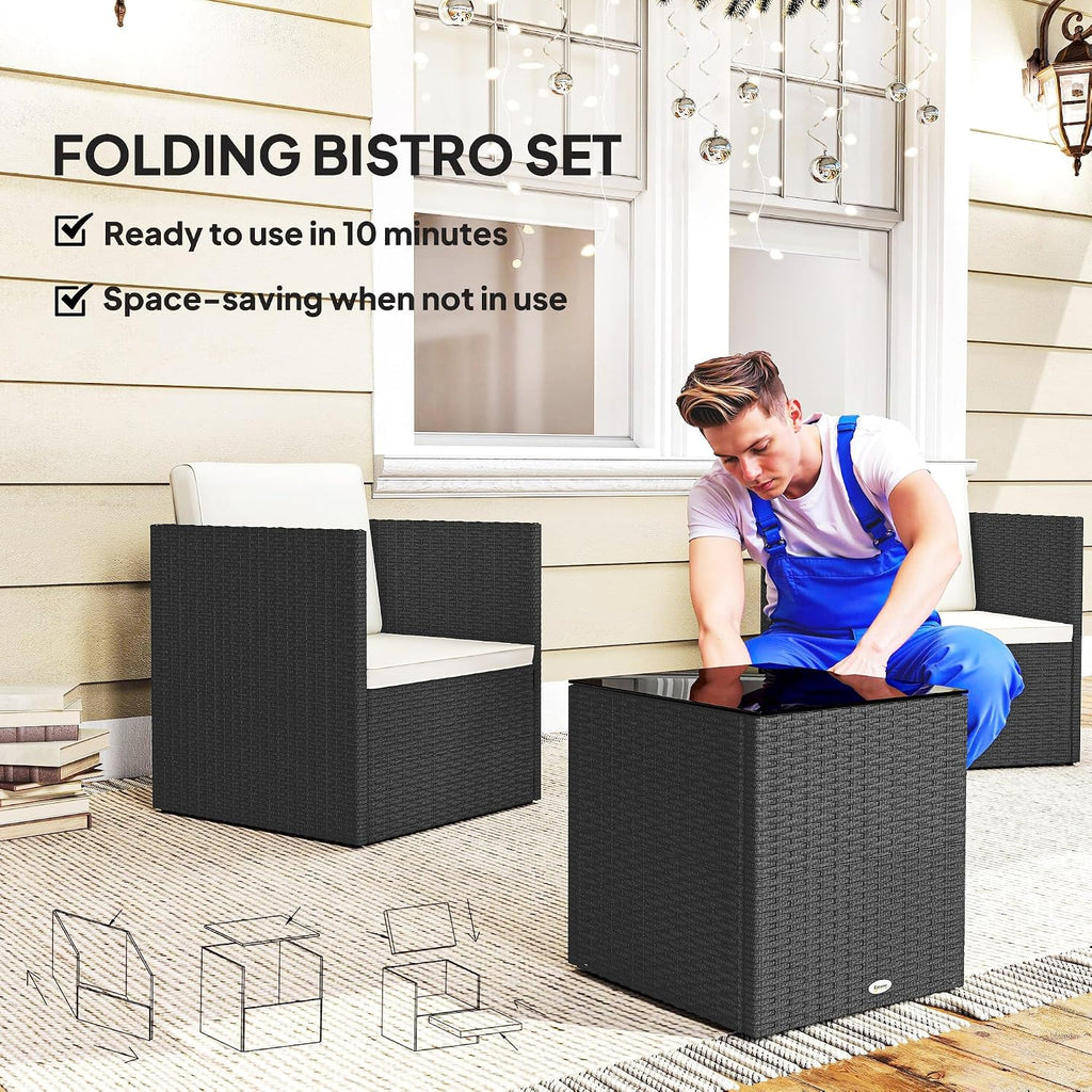 Outsunny 3 Piece Patio Furniture Set, Folding Outdoor Wicker Bistro Set with Washable Cushions, Adjustable Feet, and Glass Coffee Table, Easy Assembly for Garden, Balcony, Poolside, Backyard, Black