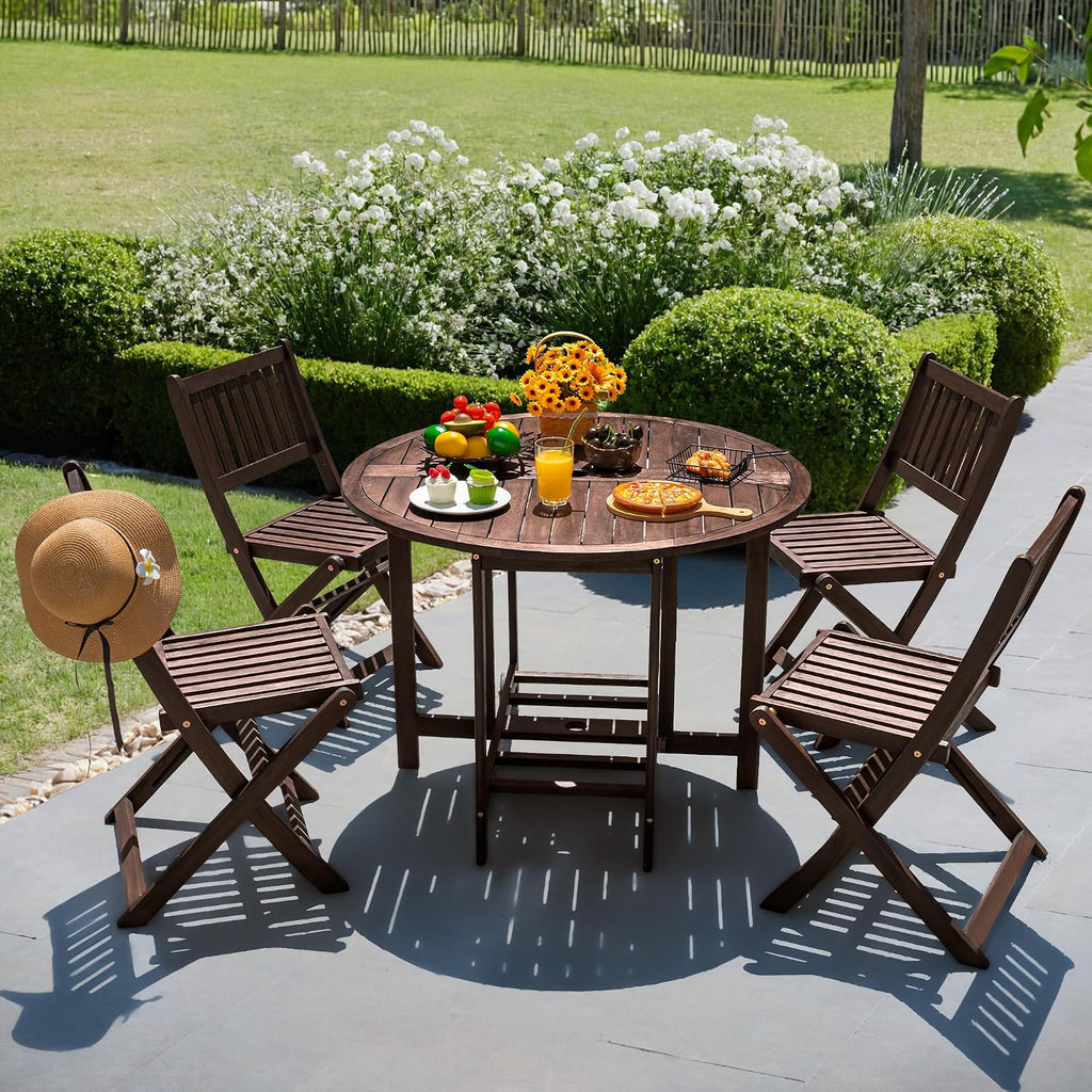 Devoko 5 PCS Patio Furniture, Patio Dining Set Acacia Wood Outdoor Table and Chairs, with 4 Folding Chairs and 37' Round Movable Table, Outdoor Dining Set for Lawn, Balcony, Garden (Deep Brown)