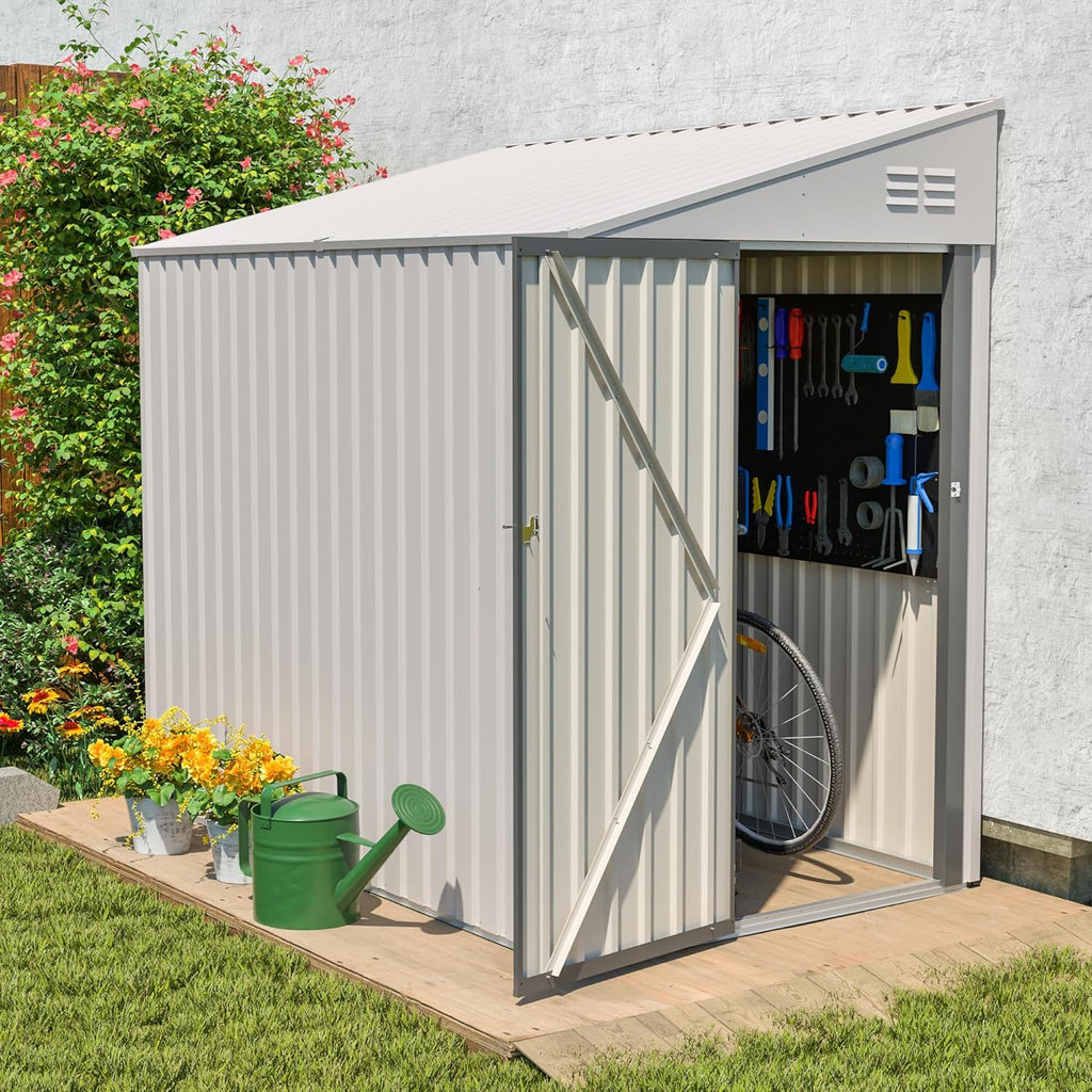 4 × 7 FT Lean to Storage Shed, Outdoor Metal Wall Side Bike Mower Sheds & Outdoor Storage Cabinet, Lockable Tool Organization Shed for Garden Patio
