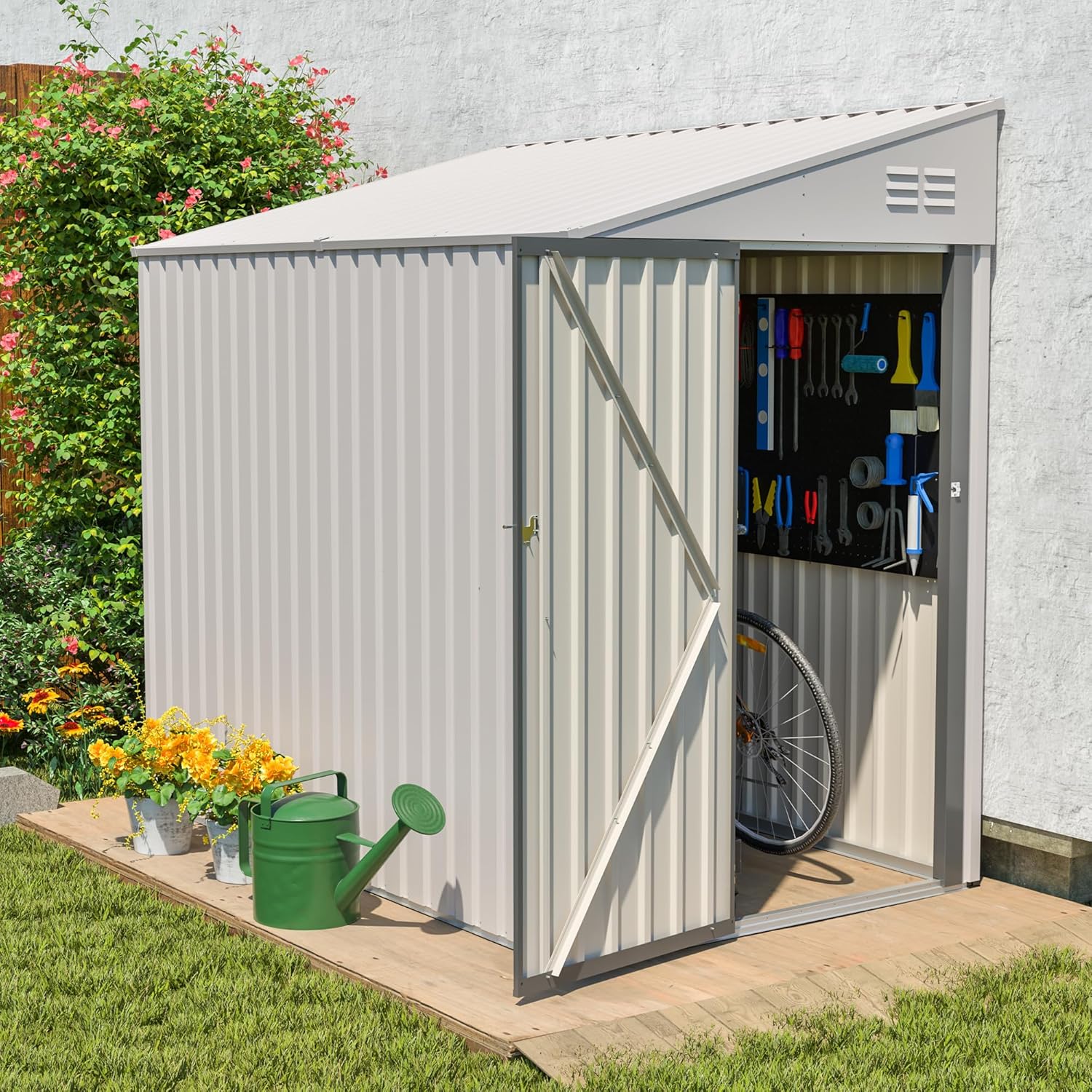 4 × 7 FT Lean to Storage Shed, Outdoor Metal Wall Side Bike Mower Sheds & Outdoor Storage Cabinet, Lockable Tool Organization Shed for Garden Patio