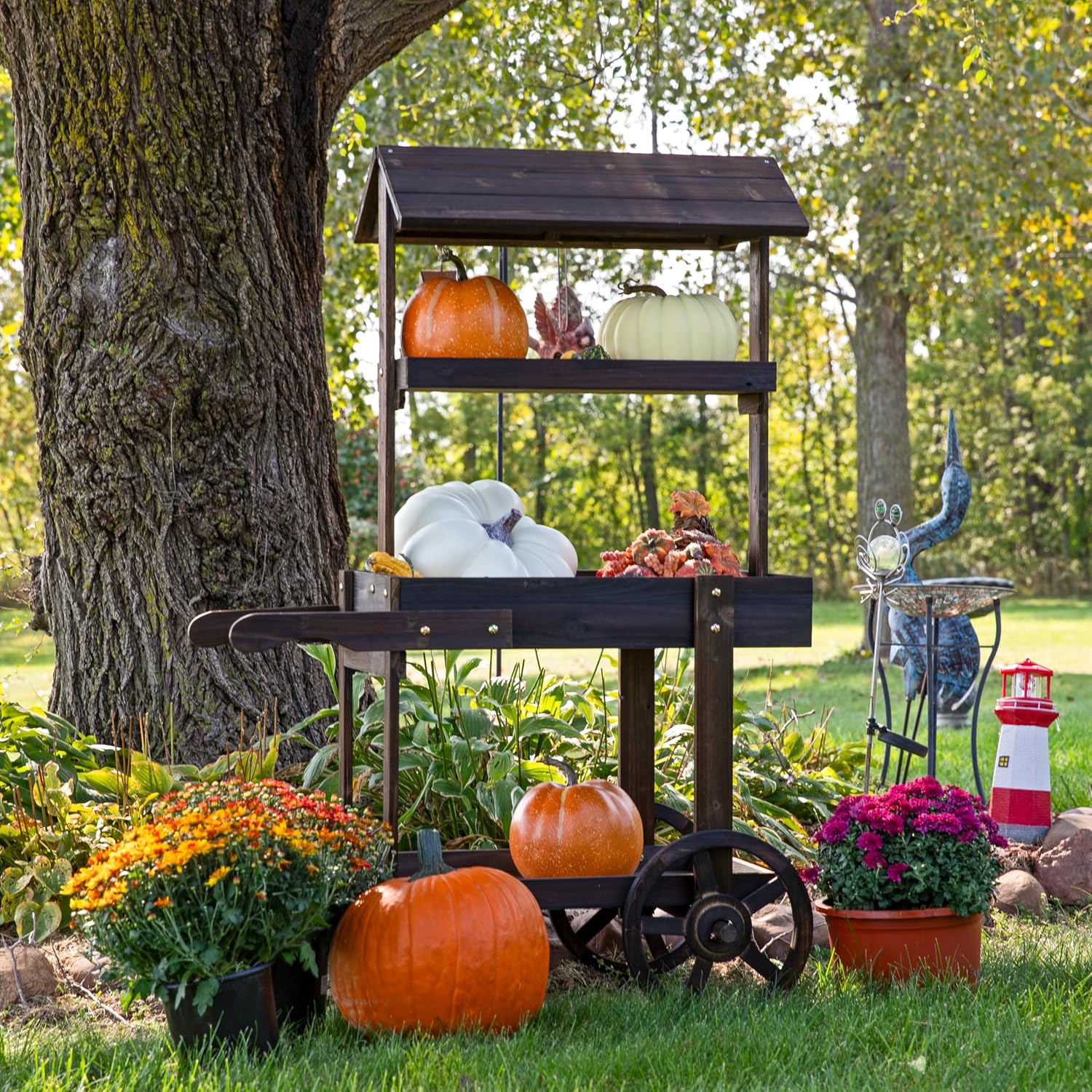Sunnydaze Country Market Flower Cart Display Stand with Wheels - 2 Shelves - Fir Wood - 30 lb Weight Capacity - Charred Fir