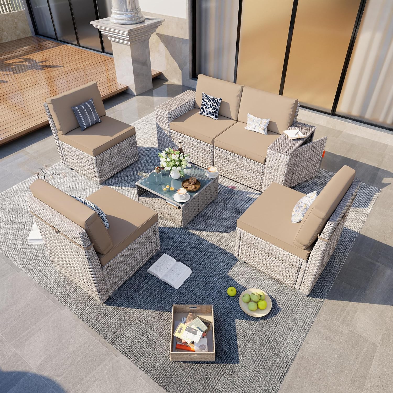 6-Piece Patio Furniture Set, Outdoor Extra Wide Armrest Modular Patio Sofa, Dual-Strand Rattan Wicker, Rust-Resistant Frame, Backyard High Back, Large Seat Furniture for Porch Garden Balcony, Khaki