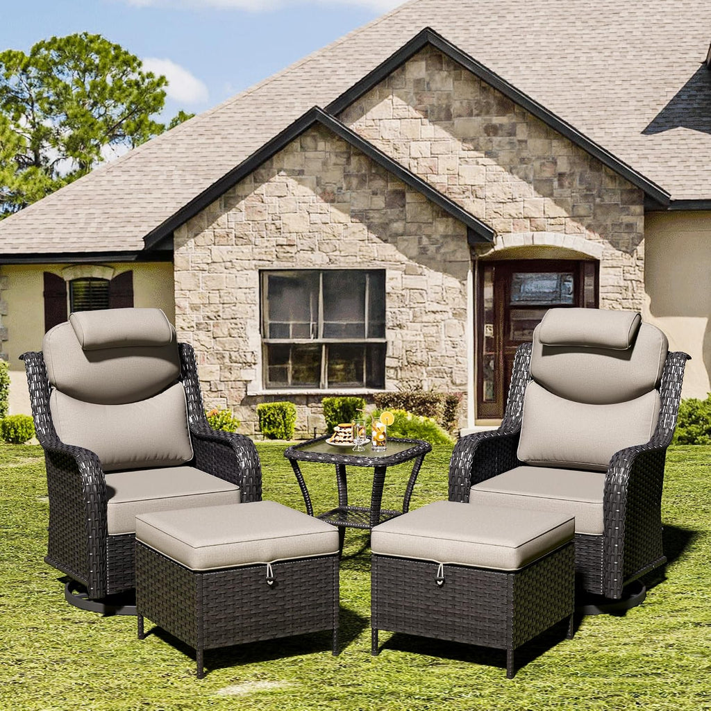 Patio Swivel Rocker Chairs of 2 with Ottomans and Side Table, 5 Pieces Patio Furniture Set, Outdoor Wicker High Back Glider Armchairs with Washable and Water-Resistant Cushions (Beige)