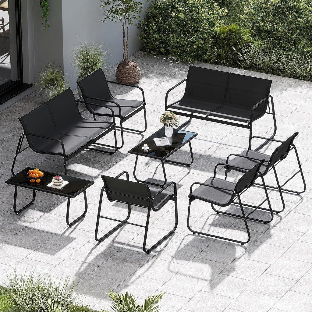 Tangkula 4 Piece Patio Furniture Set, Outdoor Metal Conversation Chair & Coffee Table Set with Mesh Seat Fabric & Tempered Glass Tabletop, Outside Bistro Set for Backyard, Porch, Poolside (1, Black)