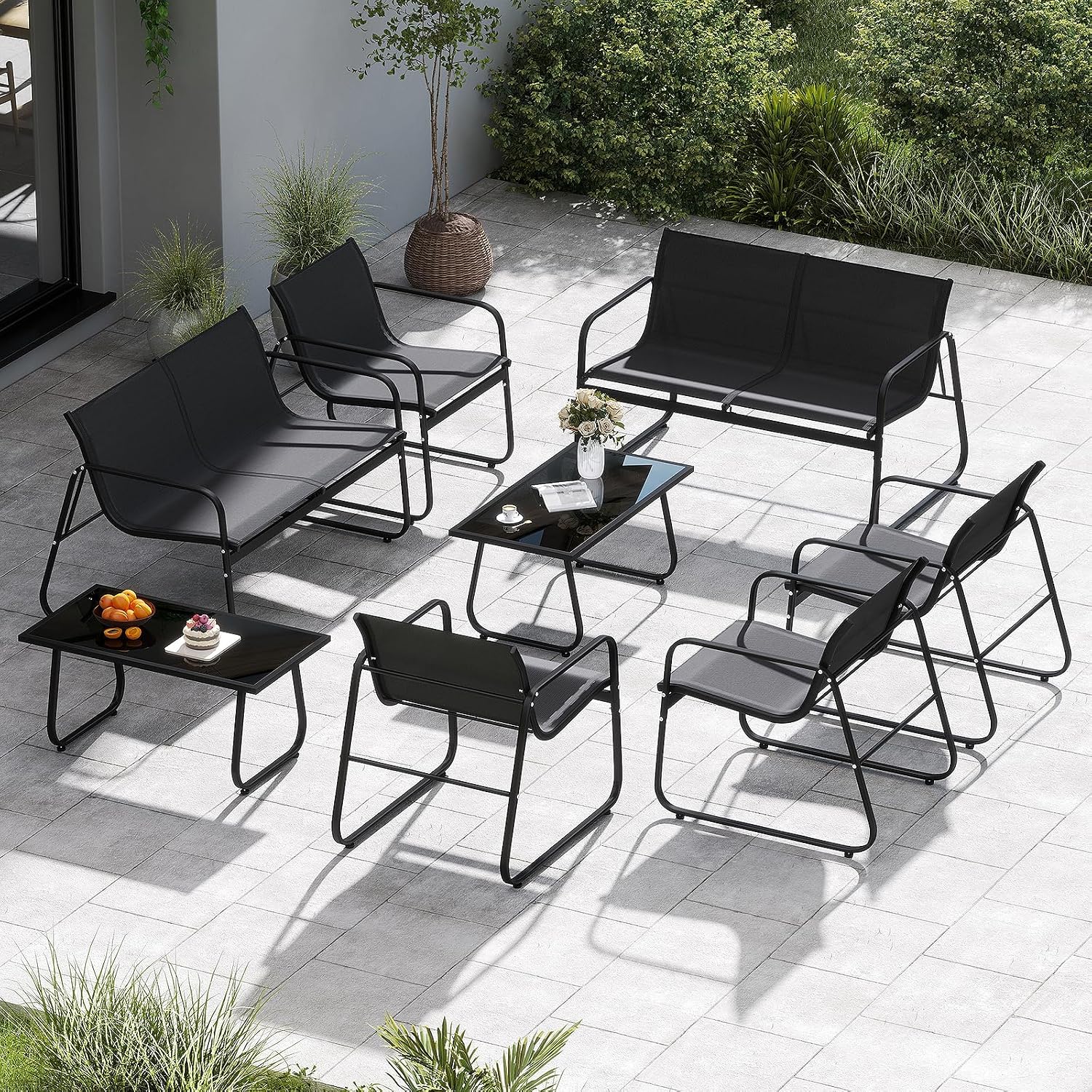 Tangkula 4 Piece Patio Furniture Set, Outdoor Metal Conversation Chair & Coffee Table Set with Mesh Seat Fabric & Tempered Glass Tabletop, Outside Bistro Set for Backyard, Porch, Poolside (1, Black)