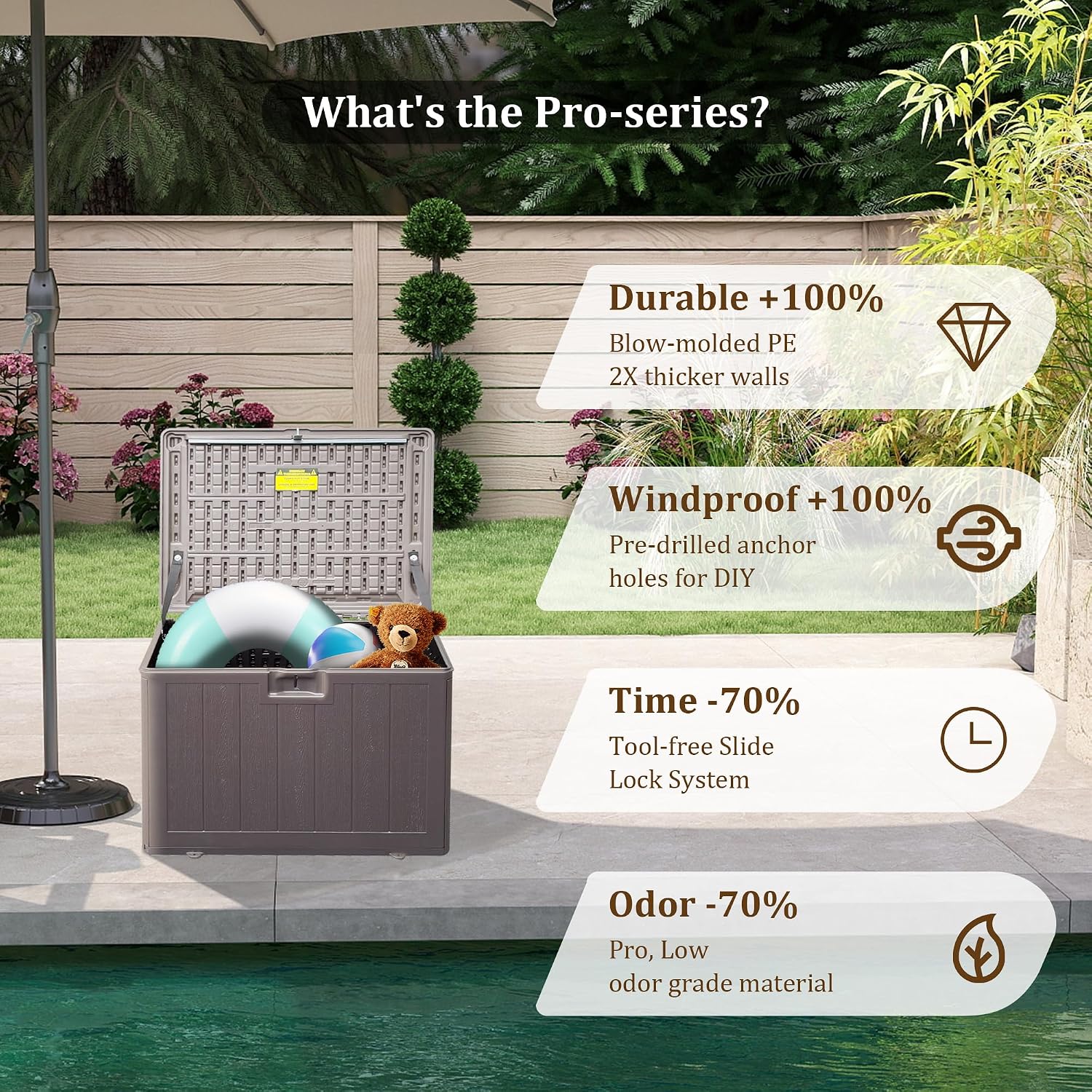 Outdoor Storage Box Waterproof, 73 Gallon Pro Lockable Resin Deck Box Large, Patio Storage Bin for Pool Accessories Cushion Furniture, Garden Tools, UV-Resistant Outside Delivery Brown