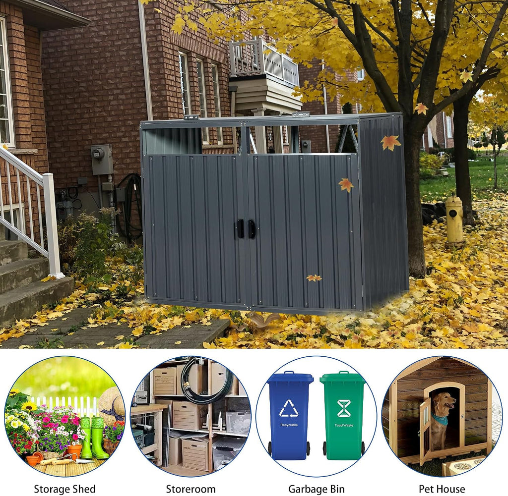 Outdoor Trash Can Storage, Garbage Bin Shed Stores 3 Trash Cans, Metal Outdoor Storage Shed for Garbage Cans, Garden Accessories, Backyard, and Patio Use, Lockable, Black