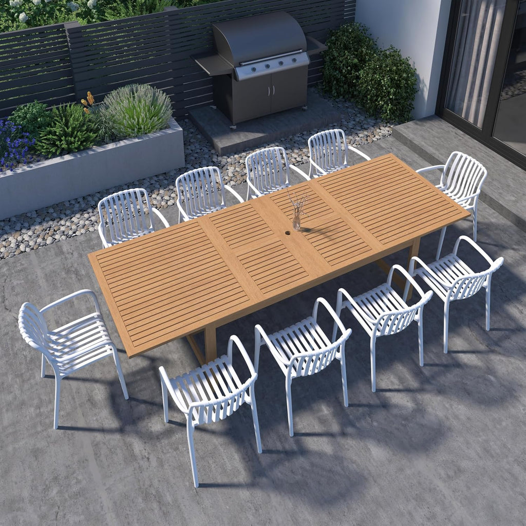 Urban Elements Frida Rectangular Extendable Patio Furniture Set | 100% Certified Teak Finish | Backyard Furniture, Outside Table and Chairs, Rectangular Outdoor Dining Set (White, 11-Piece)