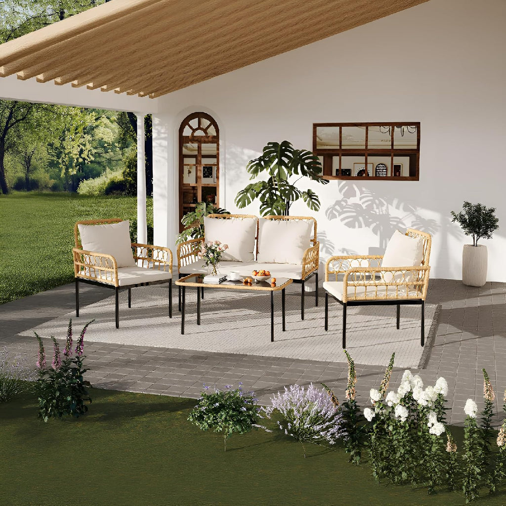 4 Pieces Patio Furniture Set,Outdoor All-Weather Wicker Rattan Bistro Set with Glass Table and Thick Cushions Boho Loveseat Chairs for Balcony Garden Backyard Poolside,Beige