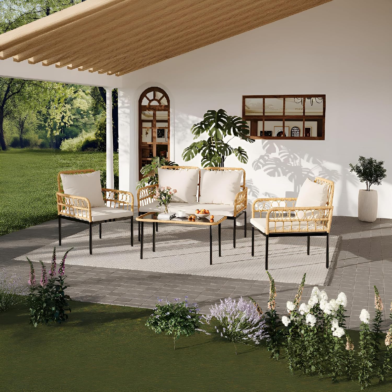 4 Pieces Patio Furniture Set,Outdoor All-Weather Wicker Rattan Bistro Set with Glass Table and Thick Cushions Boho Loveseat Chairs for Balcony Garden Backyard Poolside,Beige