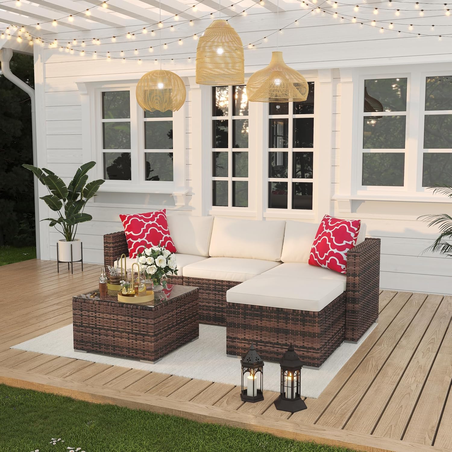 5 Pieces Patio Furniture Set, All-Weather Wicker Sectional Sofa With Anti-Slip Cushions, Rattan Outdoor Patio Furniture Sofa Set With Glass Coffee Table and Ottoman for Balcony, Porch, Garden, Brown