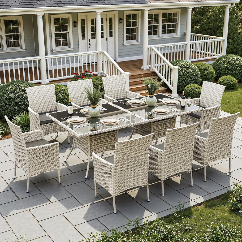 10-Piece Patio Dining Set, Patio Furniture Set with Square Tempered Glass Table & 8 Wicker Chairs, Expandable Design for Larger Groups, Outdoor Furniture for Backyard, Deck, Garden, Dark Grey