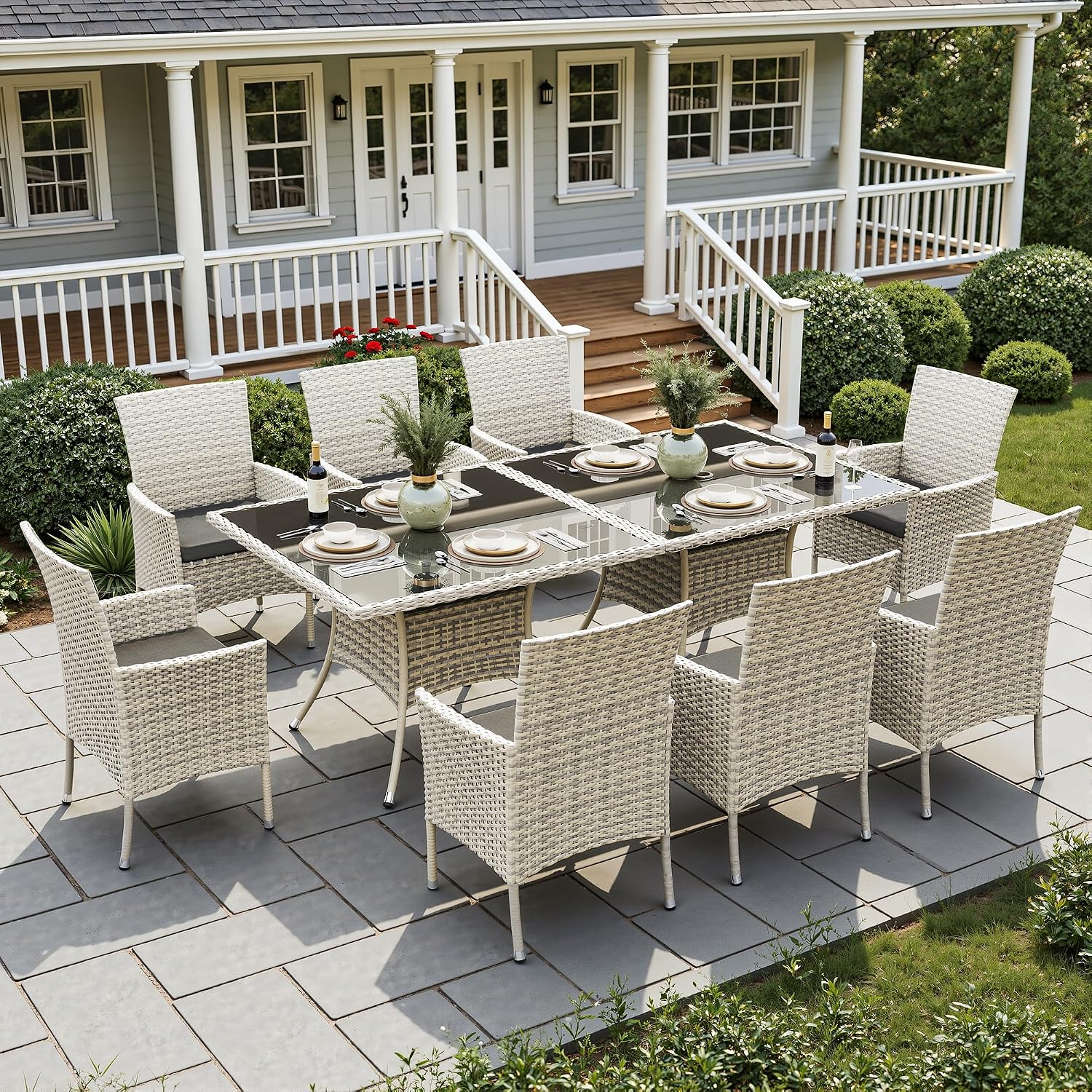 10-Piece Patio Dining Set, Patio Furniture Set with Square Tempered Glass Table & 8 Wicker Chairs, Expandable Design for Larger Groups, Outdoor Furniture for Backyard, Deck, Garden, Dark Grey