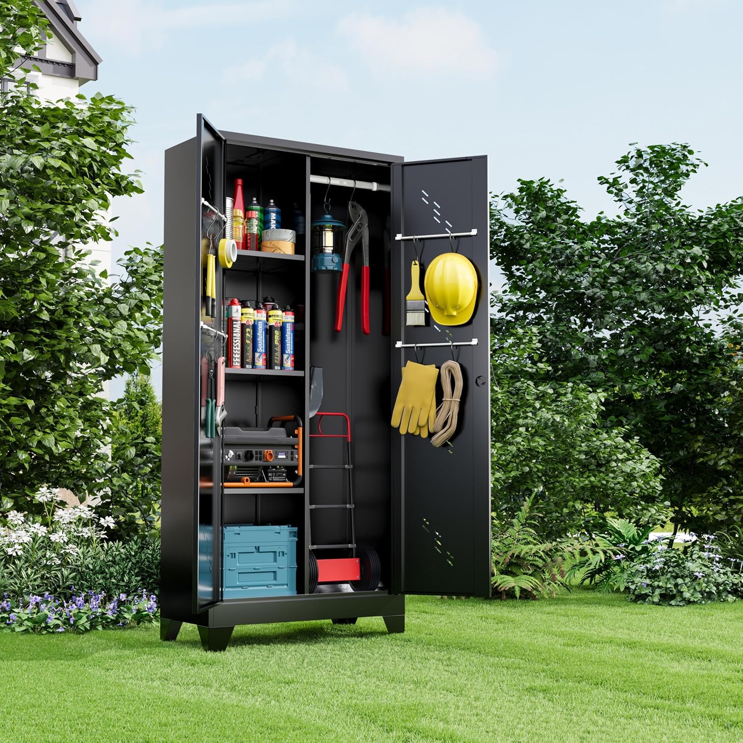 Metal Storage Cabinet 71' H, Garege Storage with Stainless Steel Bottom, Black Cleaning Supplies Organization Cabinet with Lockable Doors and Hanging Rod for Outdoor, Home Office