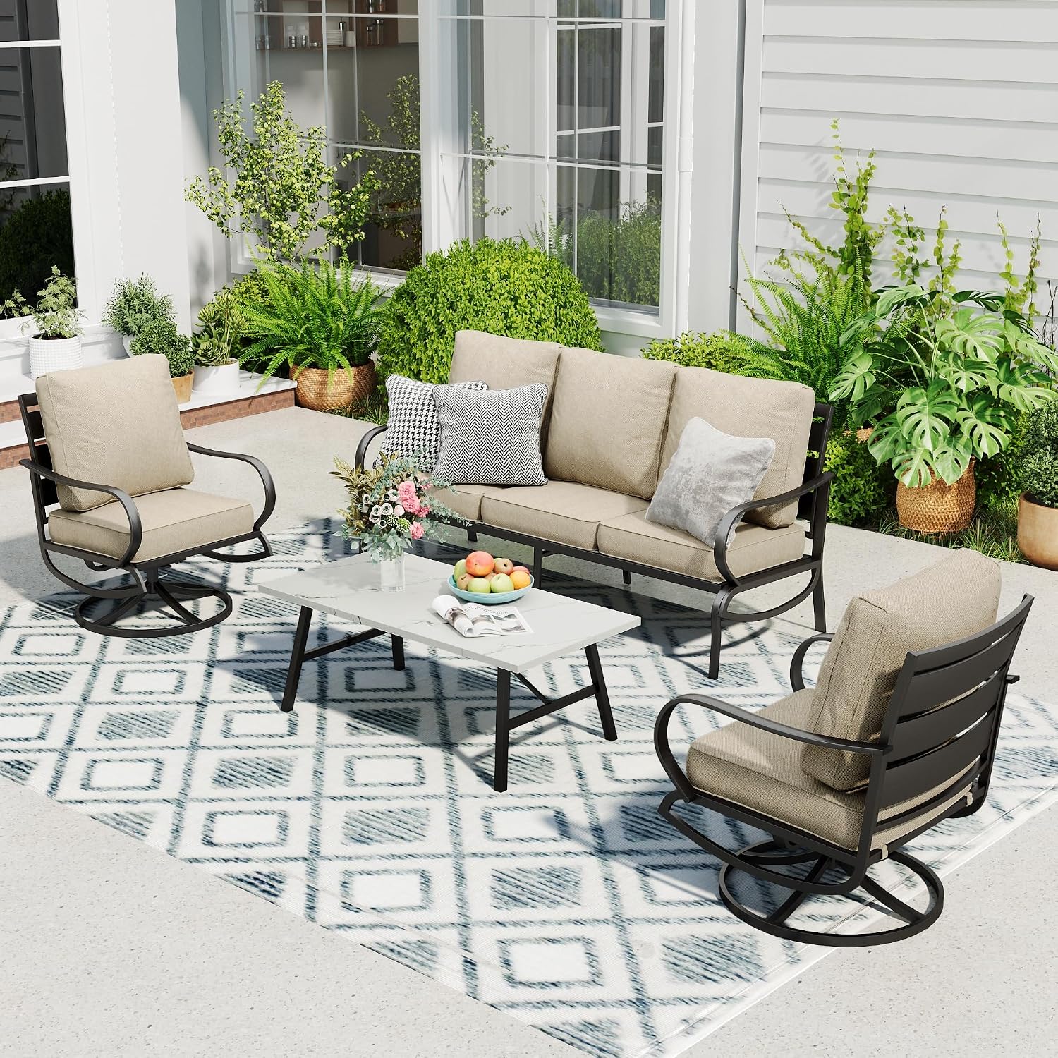 Sophia & William Patio Furniture Sets 5 Seats Outdoor Metal Conversation Sets 4 Pcs with 2 x Cushioned Swivel Sofa Chairs,1 x 3-Seat Sofa, 1x Marbling Metal Coffee Table Lawn Backyard Poolside Beige